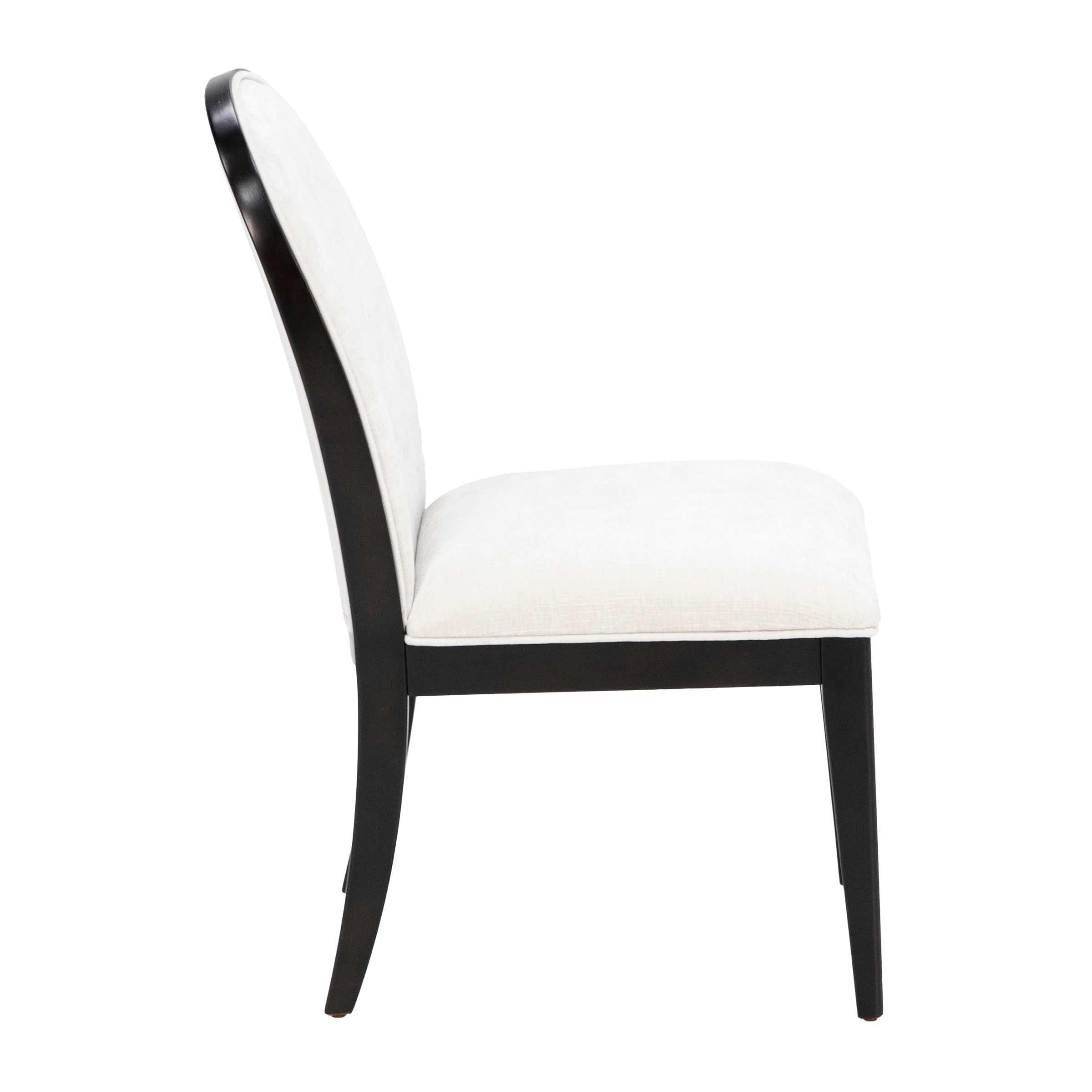 Side view of a modern dining chair with dark wood frame and white upholstered seat.
