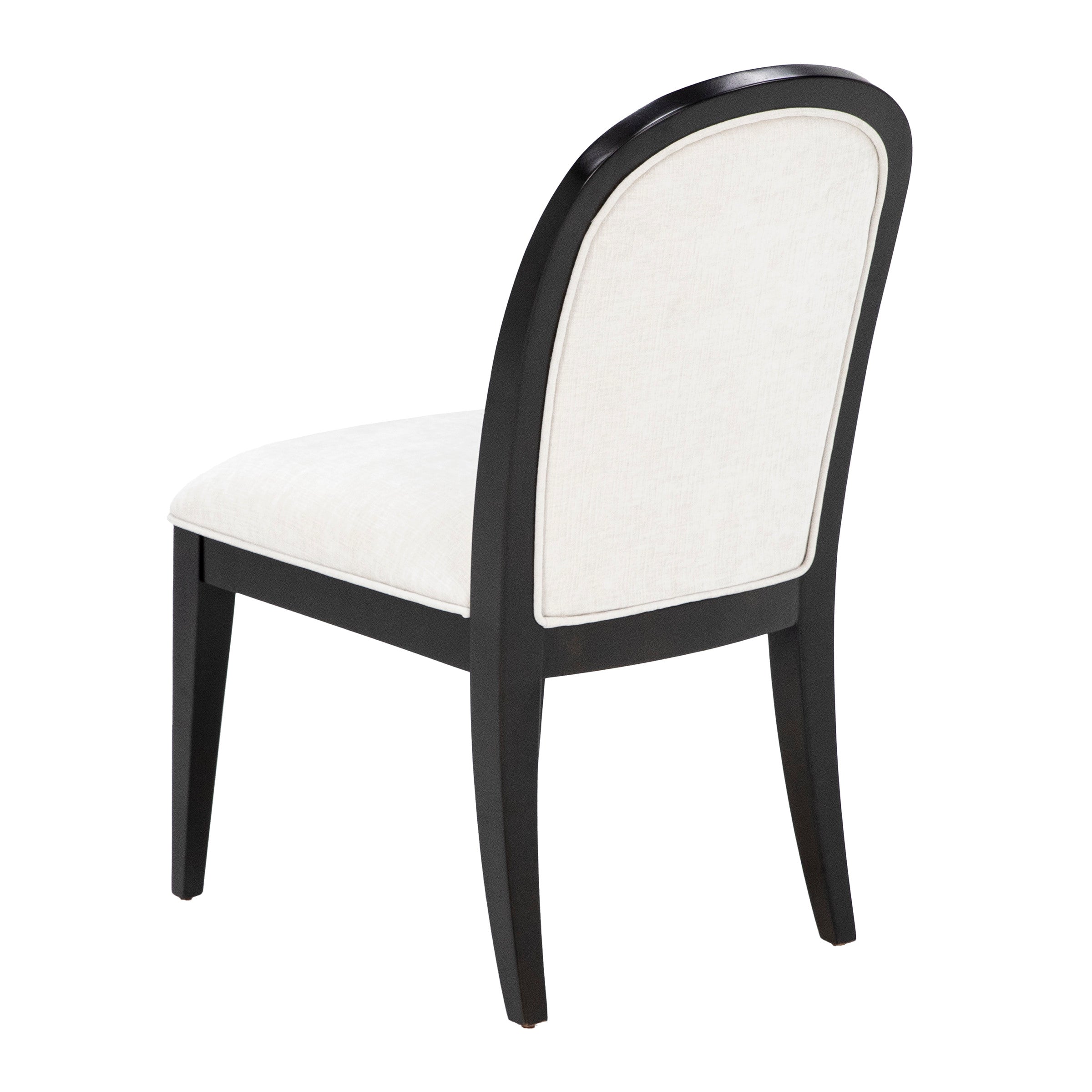 Upholstered side chair with black frame and light fabric seat and back.