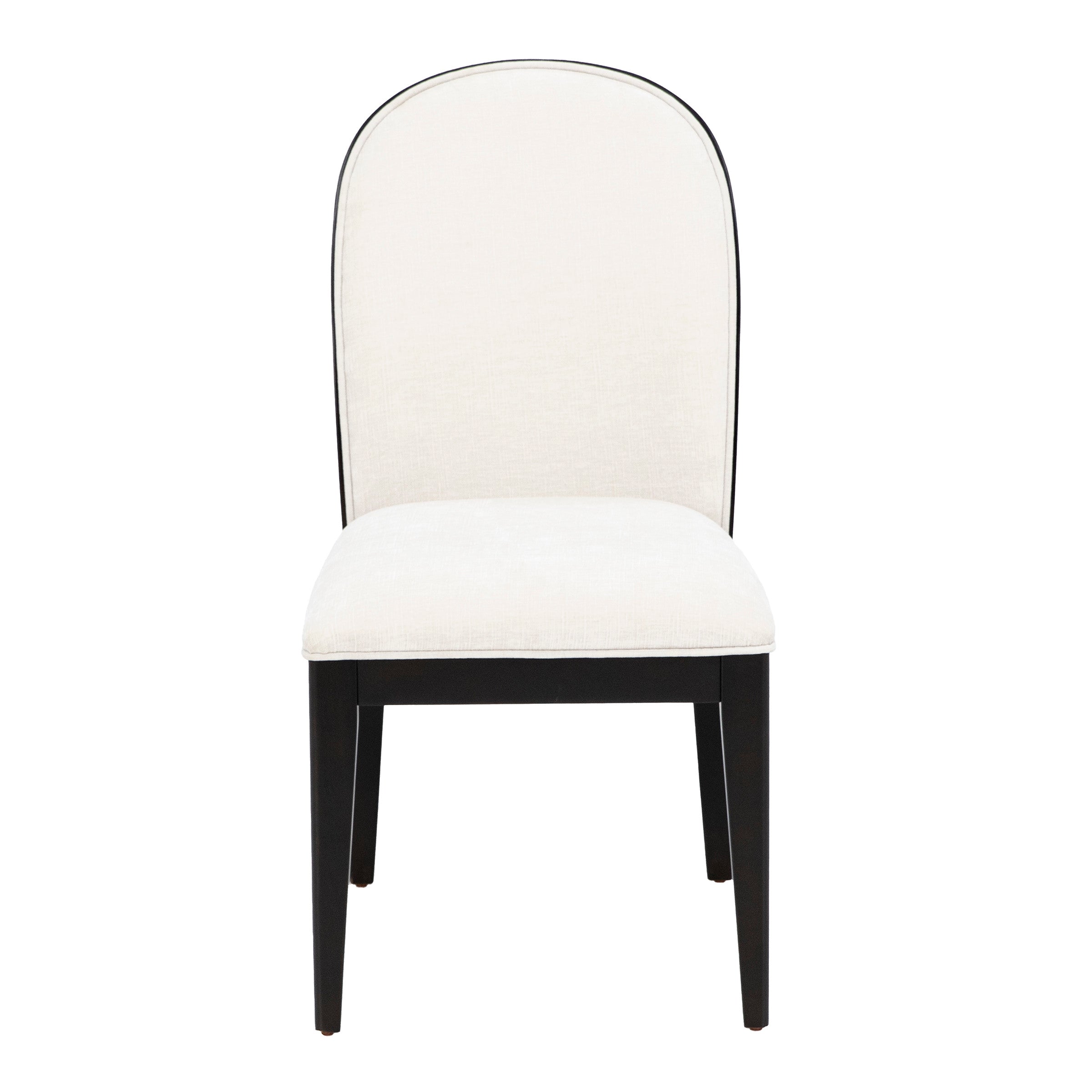 Upholstered dining chair with black wooden legs.
