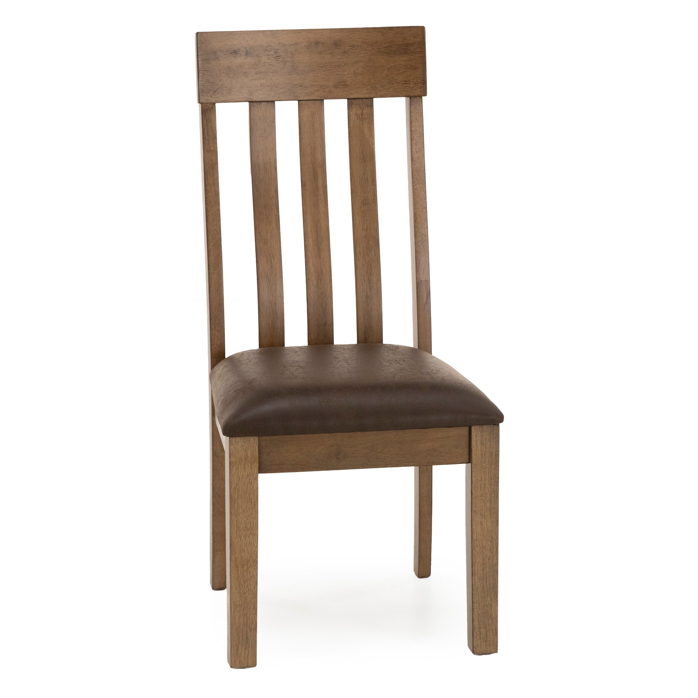 Wood dining chair with cushioned brown seat and slatted backrest.