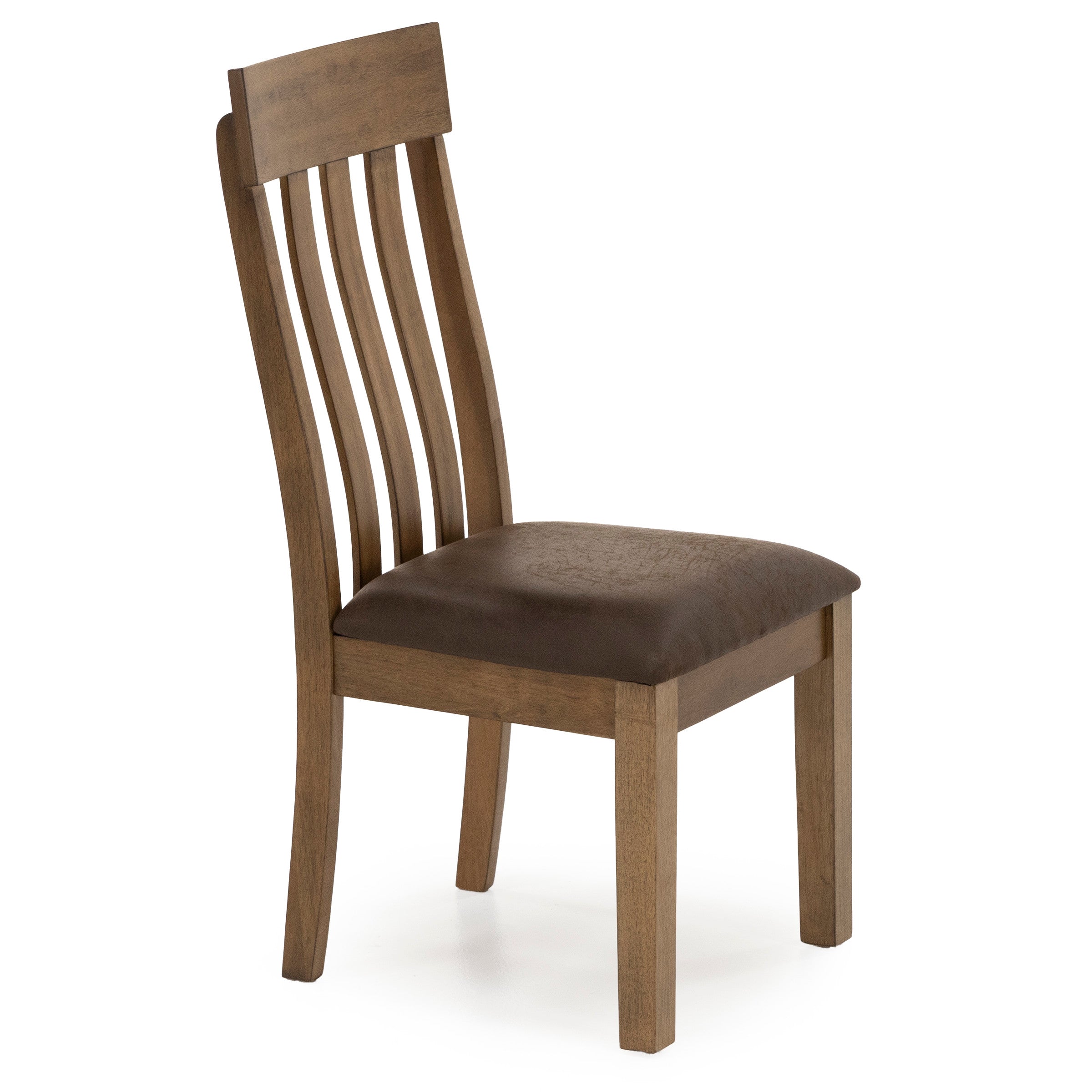 Wooden dining chair with slatted back and cushioned brown seat.