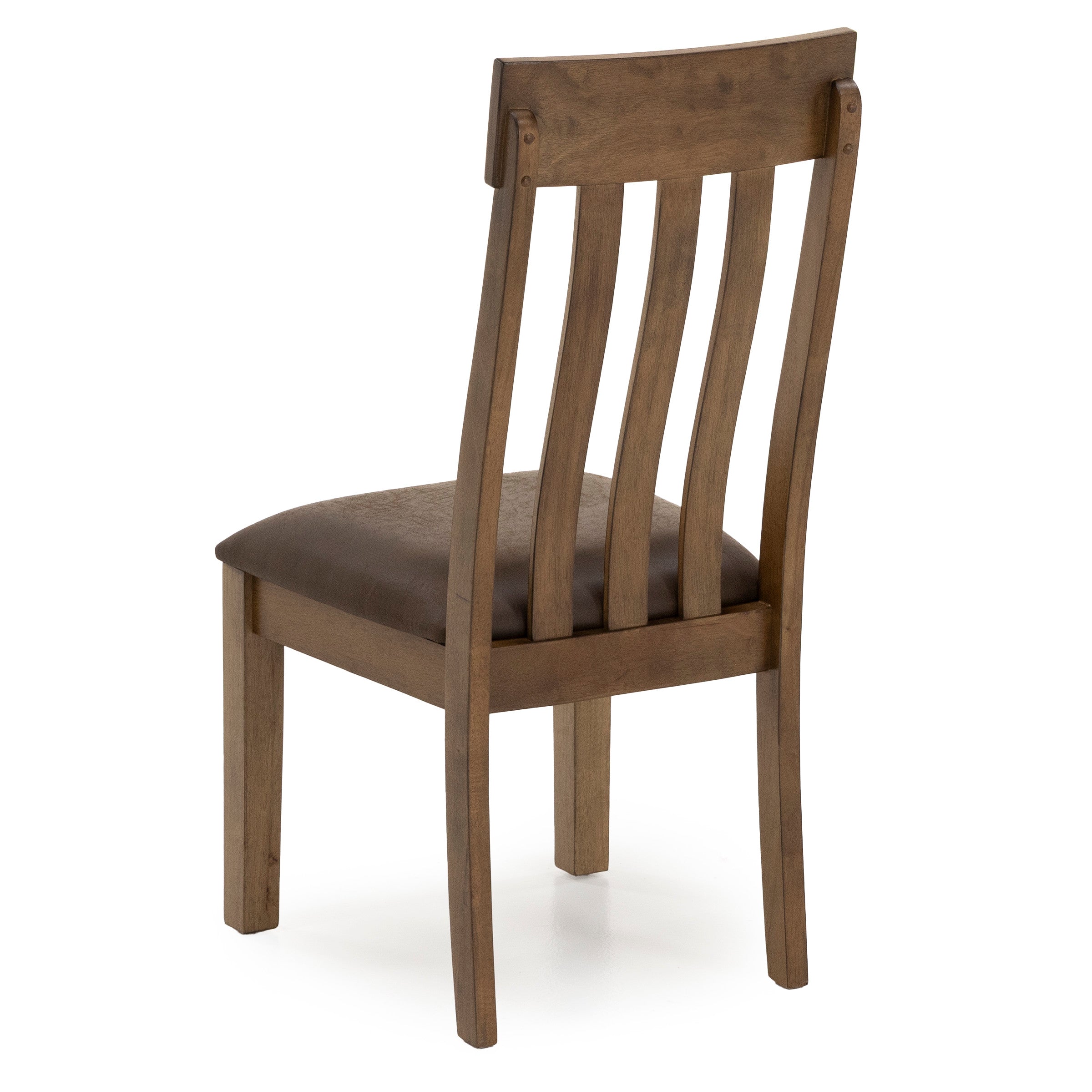 Back view of a wooden dining chair with slatted back and padded seat.