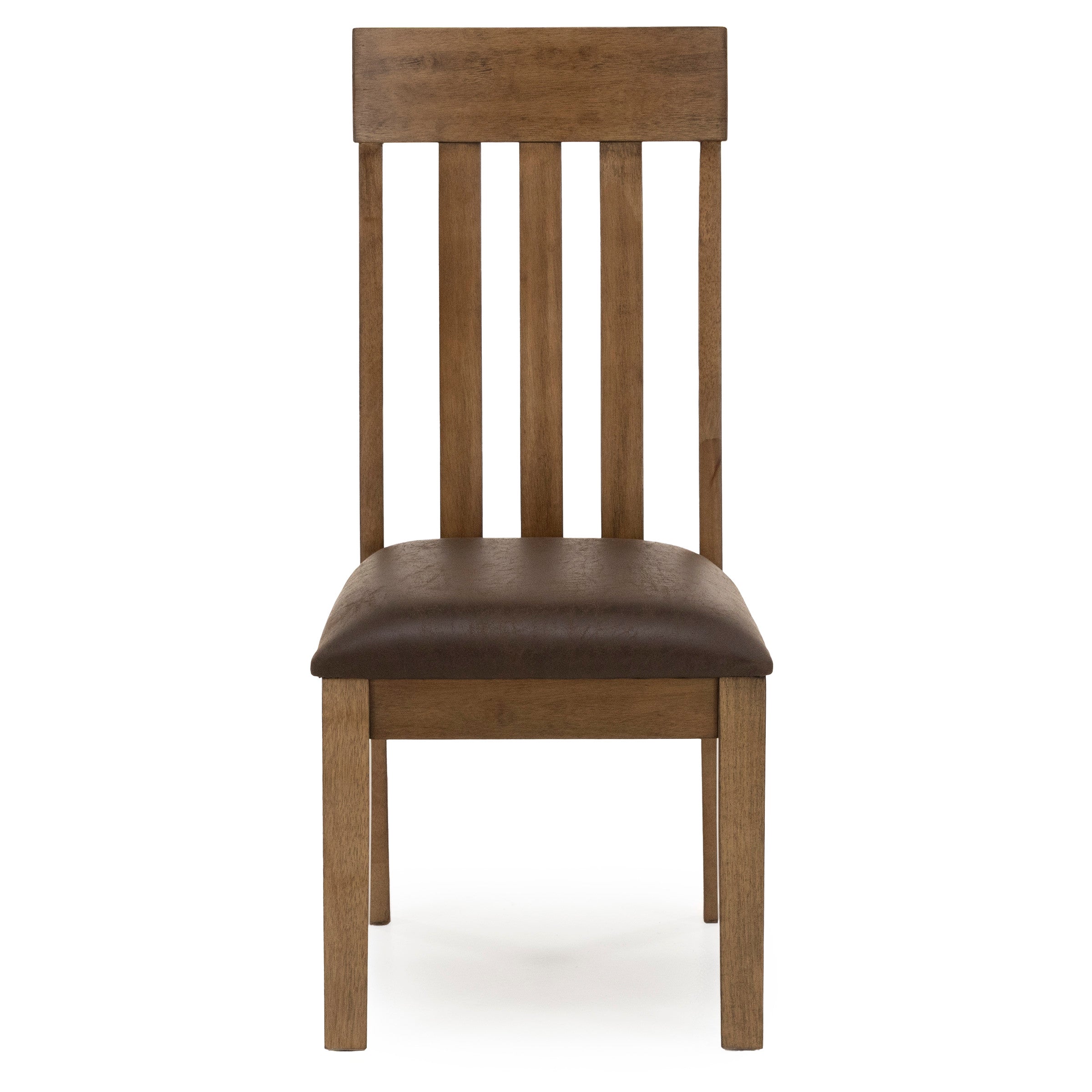 Wooden dining chair with a slat back and padded brown seat, shown from the front.