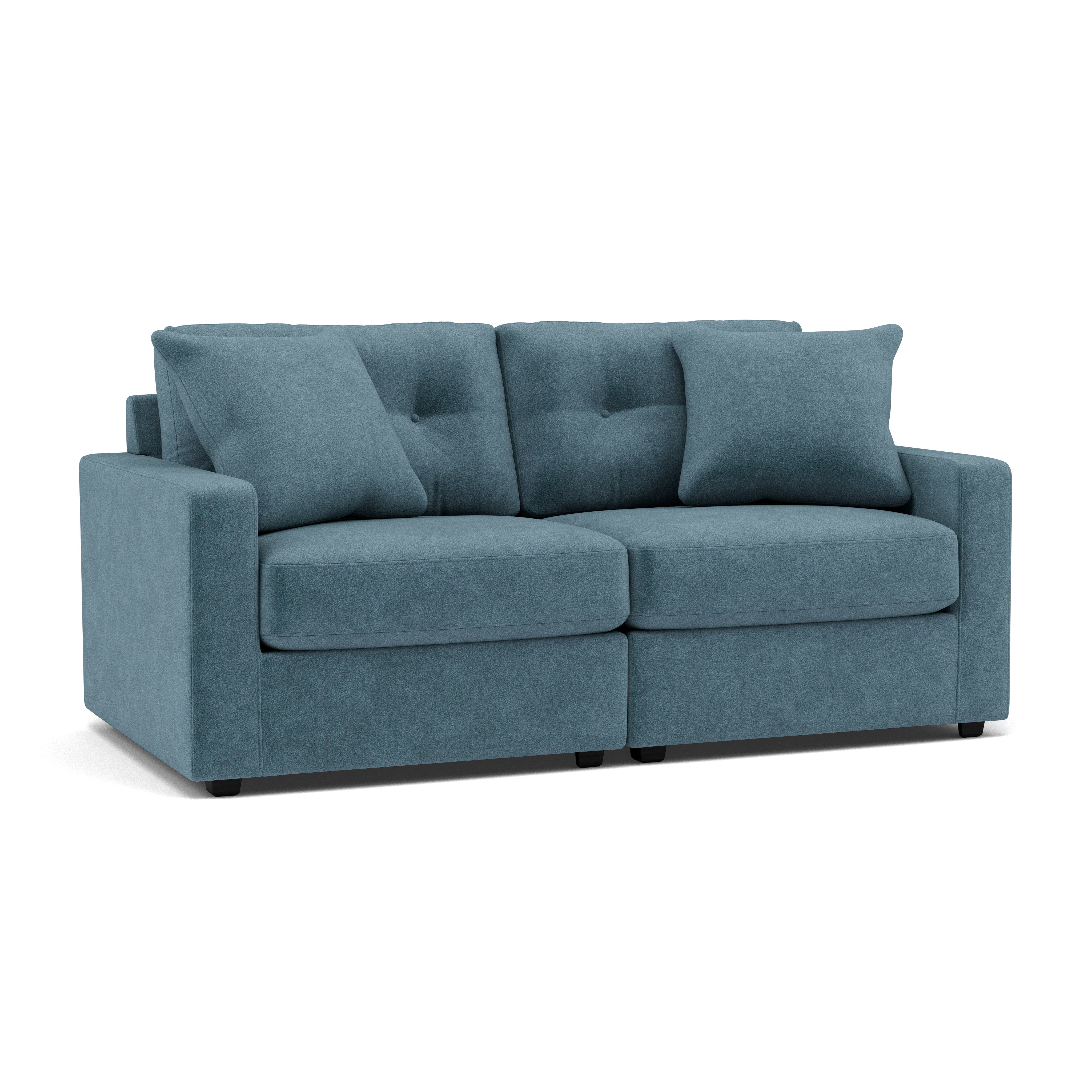Blue two-seat sofa with square arms and cushions, shown on a white background.