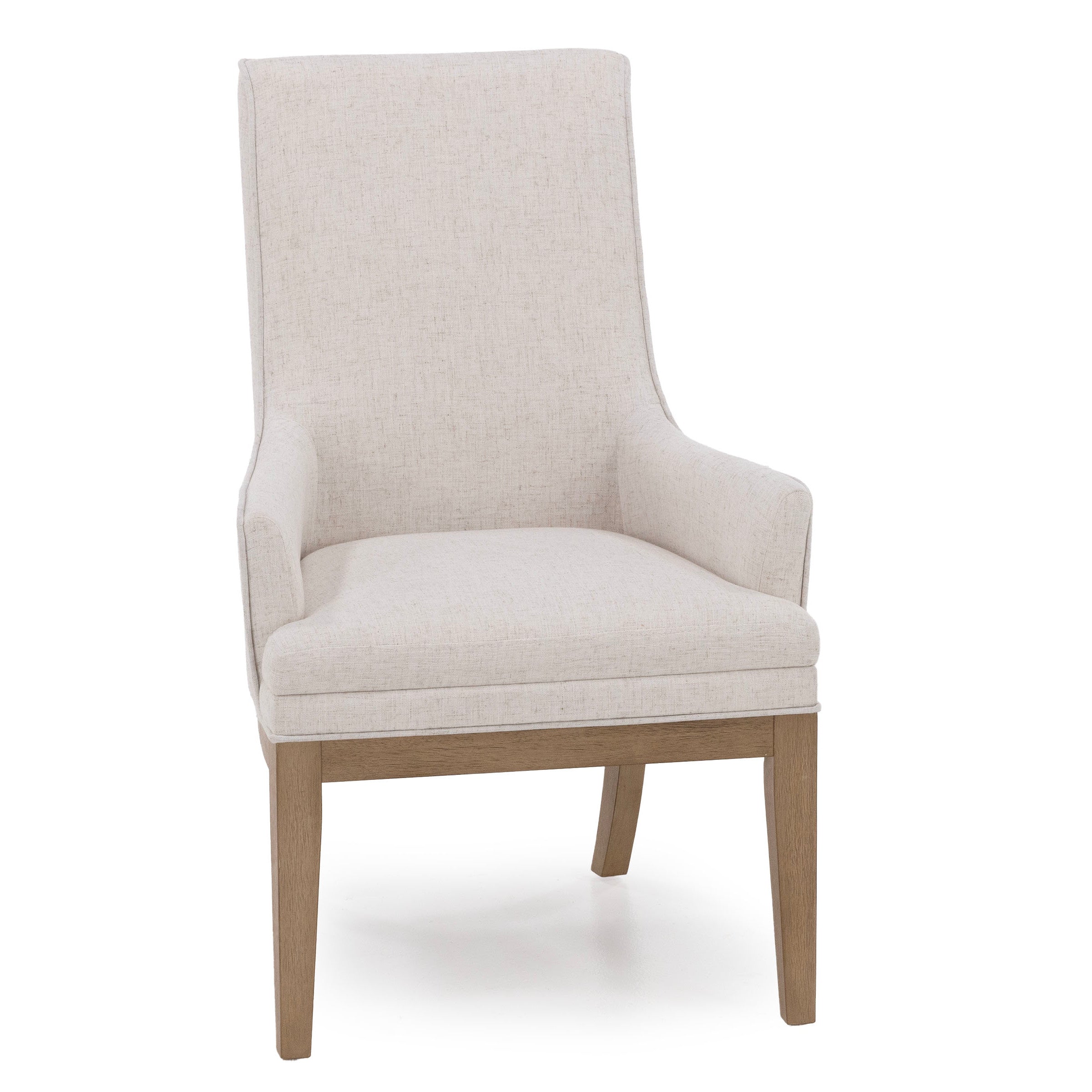 Upholstered armchair with light beige fabric and wooden legs.