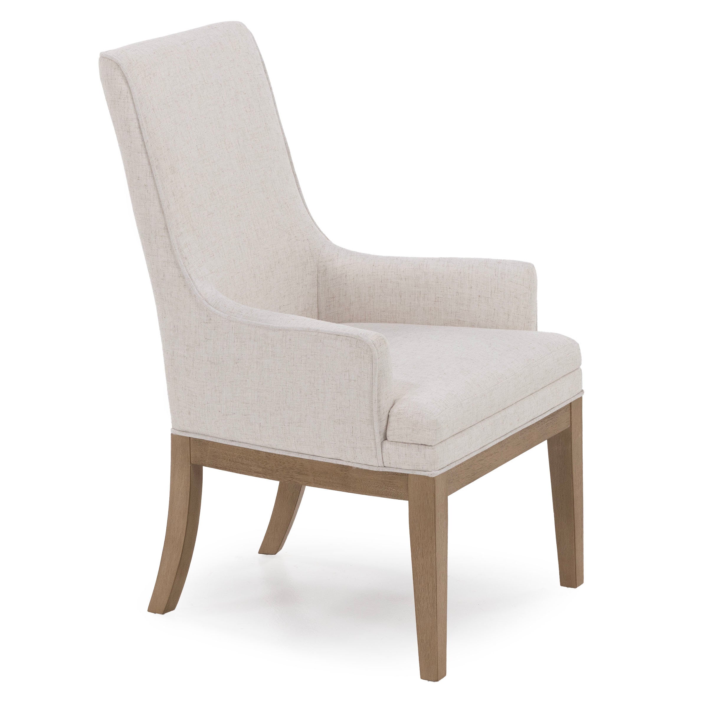 Upholstered light beige armchair with wood legs, angled view.