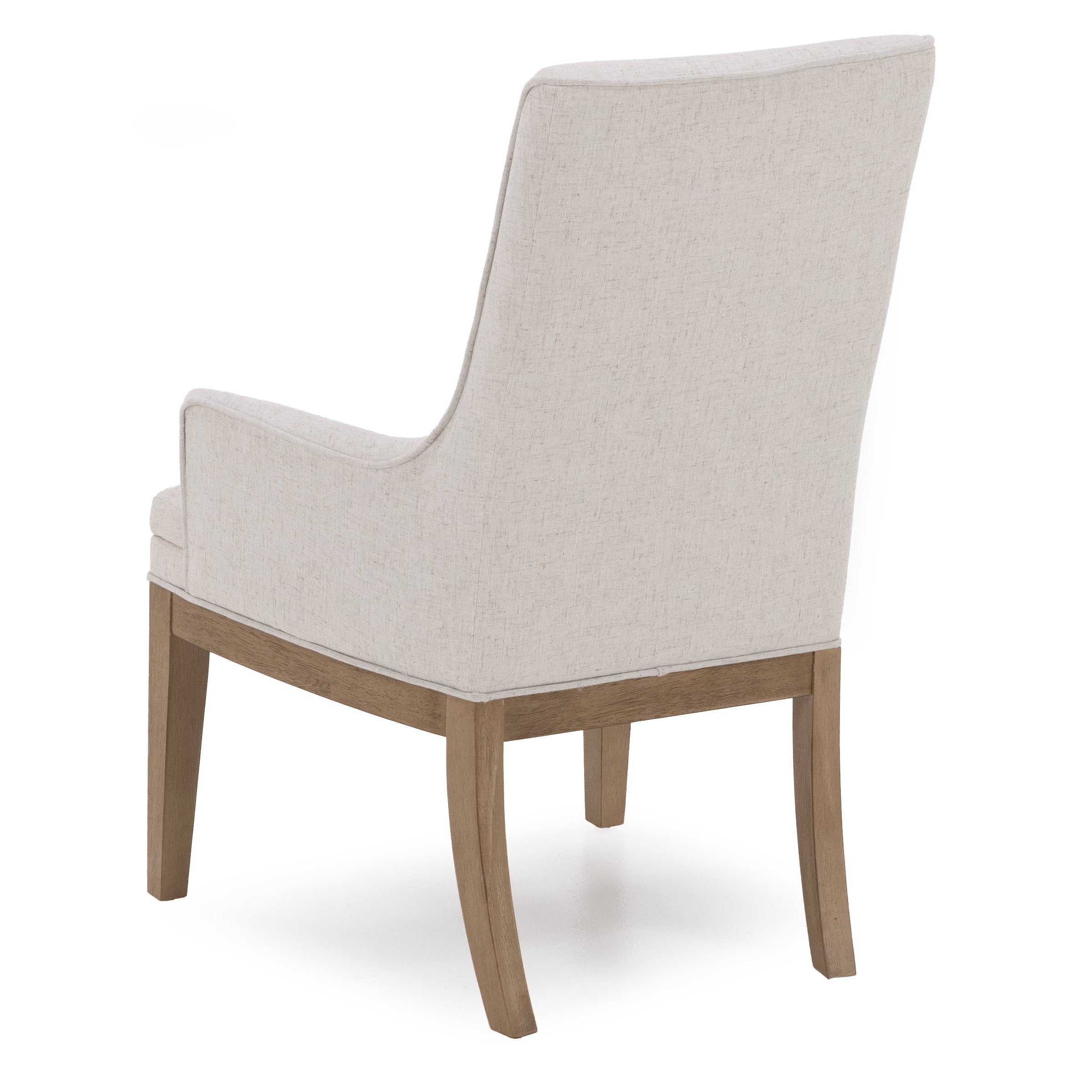 Back view of an upholstered armchair with light-colored fabric and wooden legs.