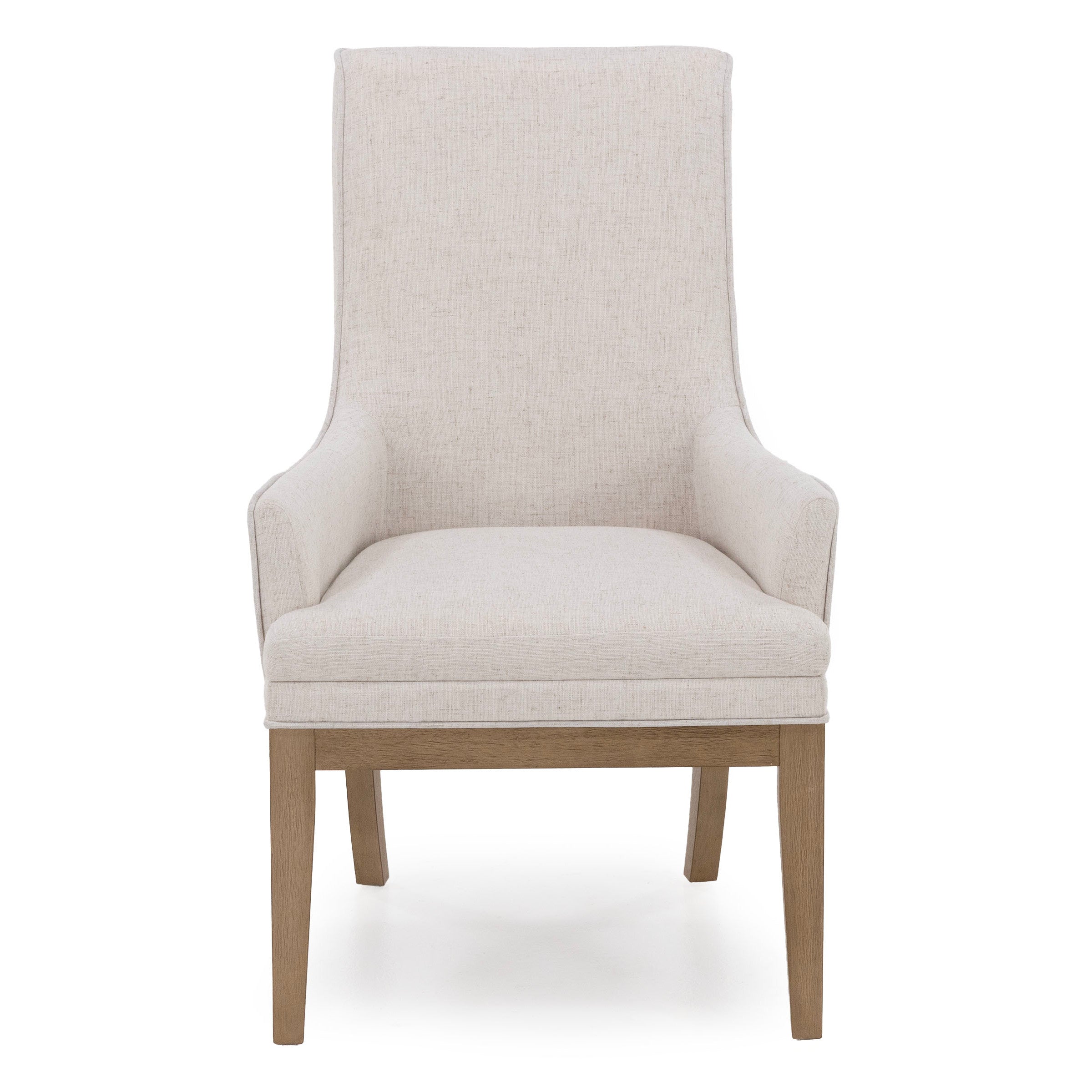 Beige upholstered accent chair with wooden legs, front view.