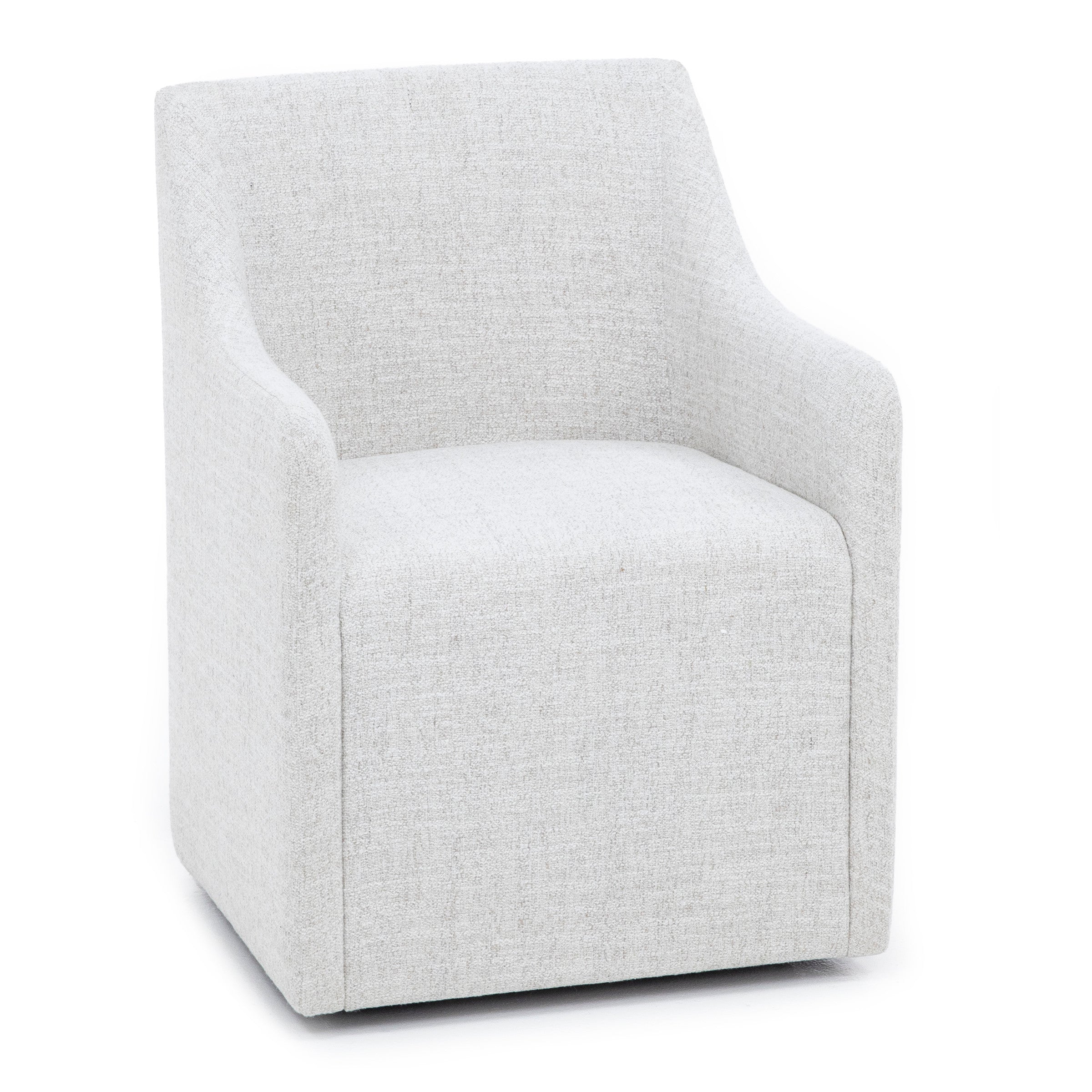 Modern light gray upholstered accent chair with curved arms.