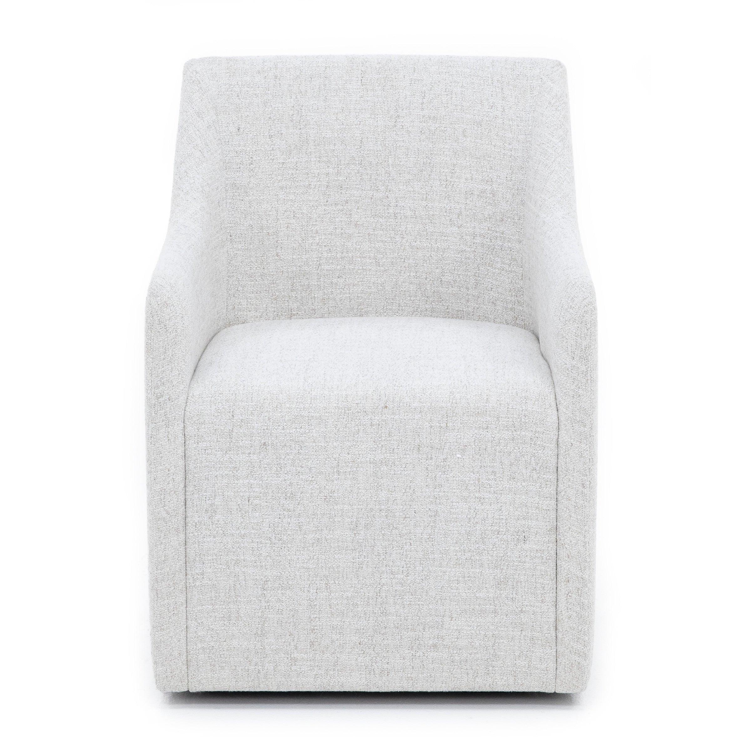 Modern light gray upholstered armchair with clean lines, shown from the front.