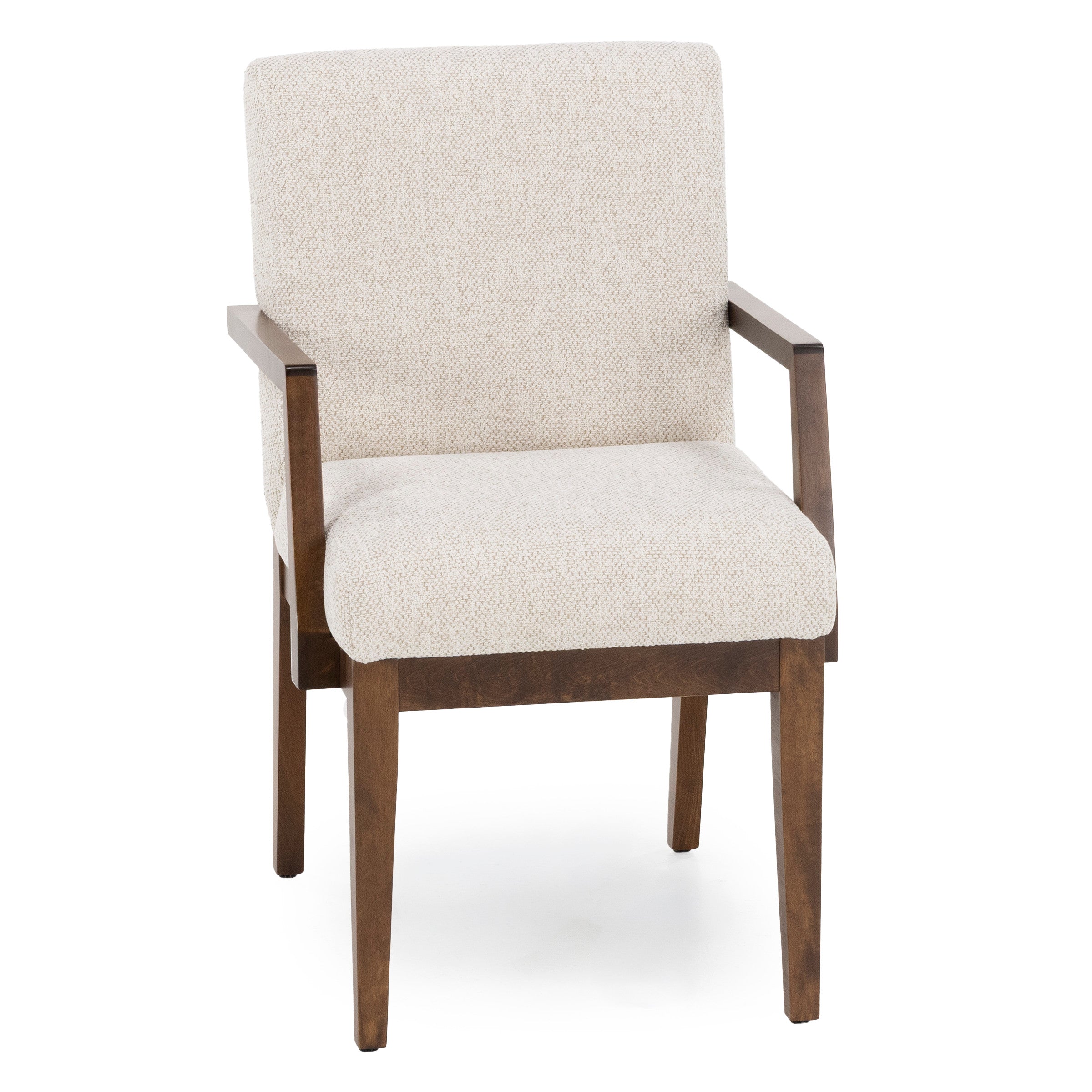 Upholstered arm chair with wooden frame and light beige fabric seat and back.