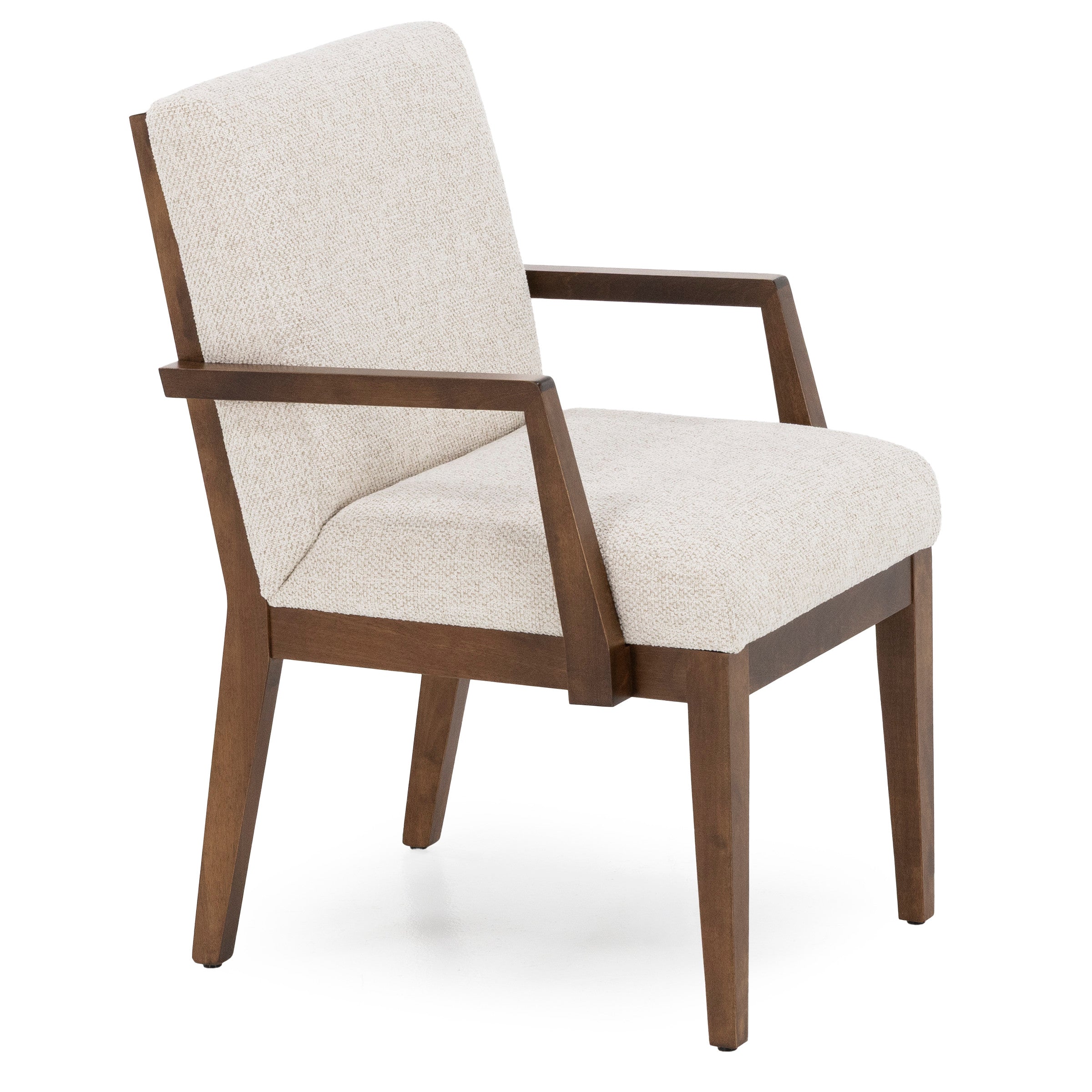 Modern accent chair with beige upholstered seat and back, wooden frame, and straight arms.