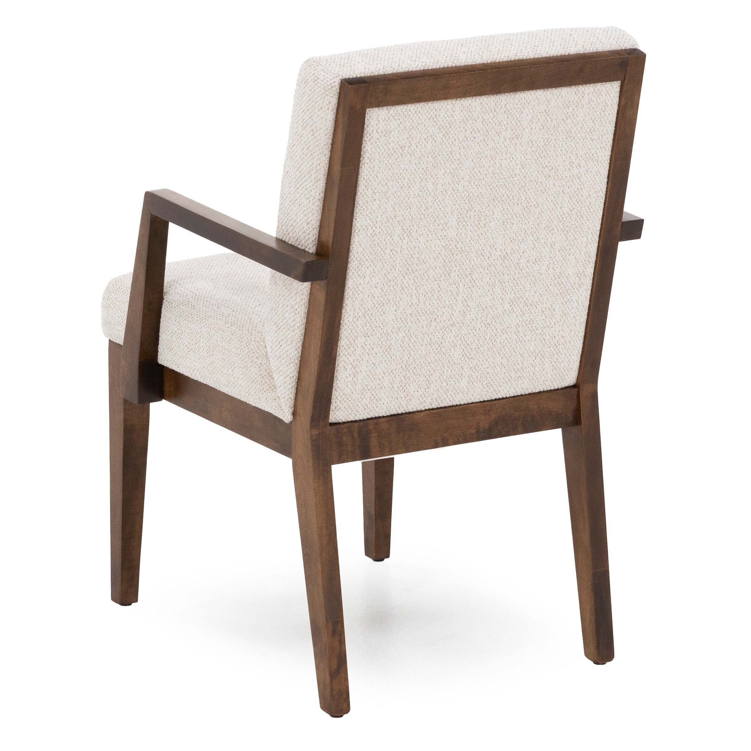 Back view of an upholstered armchair with a wooden frame and beige fabric.