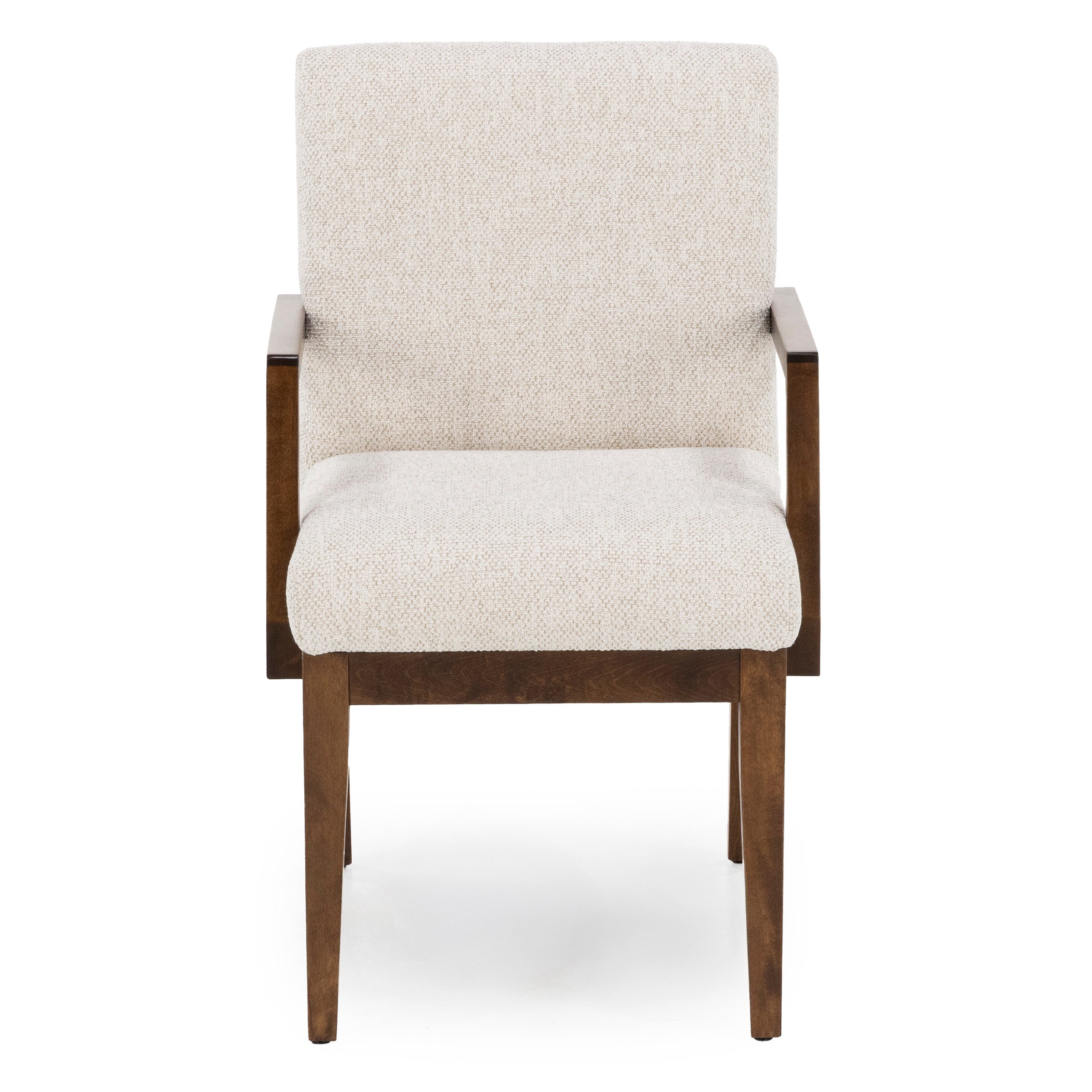 Front view of a modern accent chair with light fabric and wooden arms and legs.