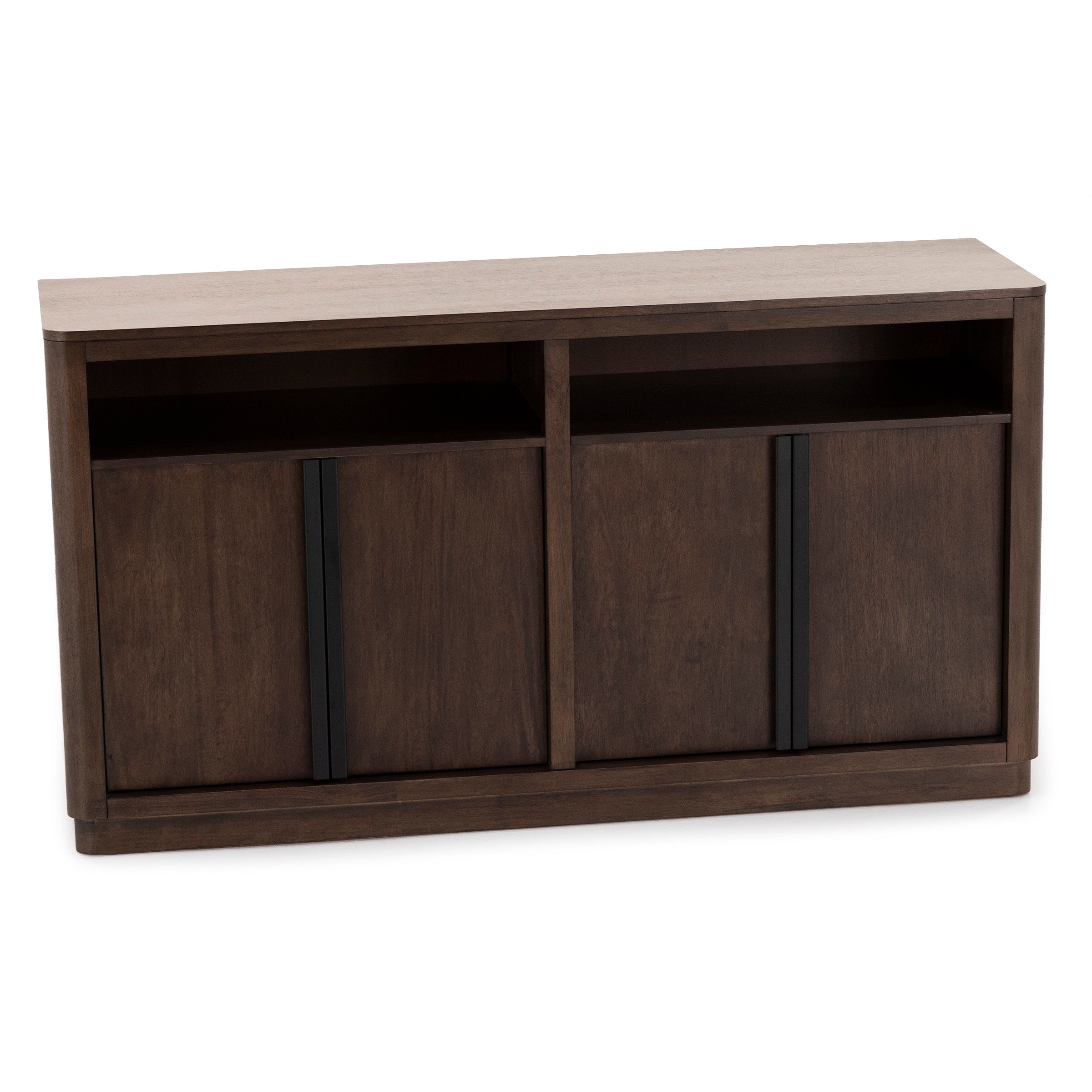 Dark wood sideboard with four doors and two open shelves