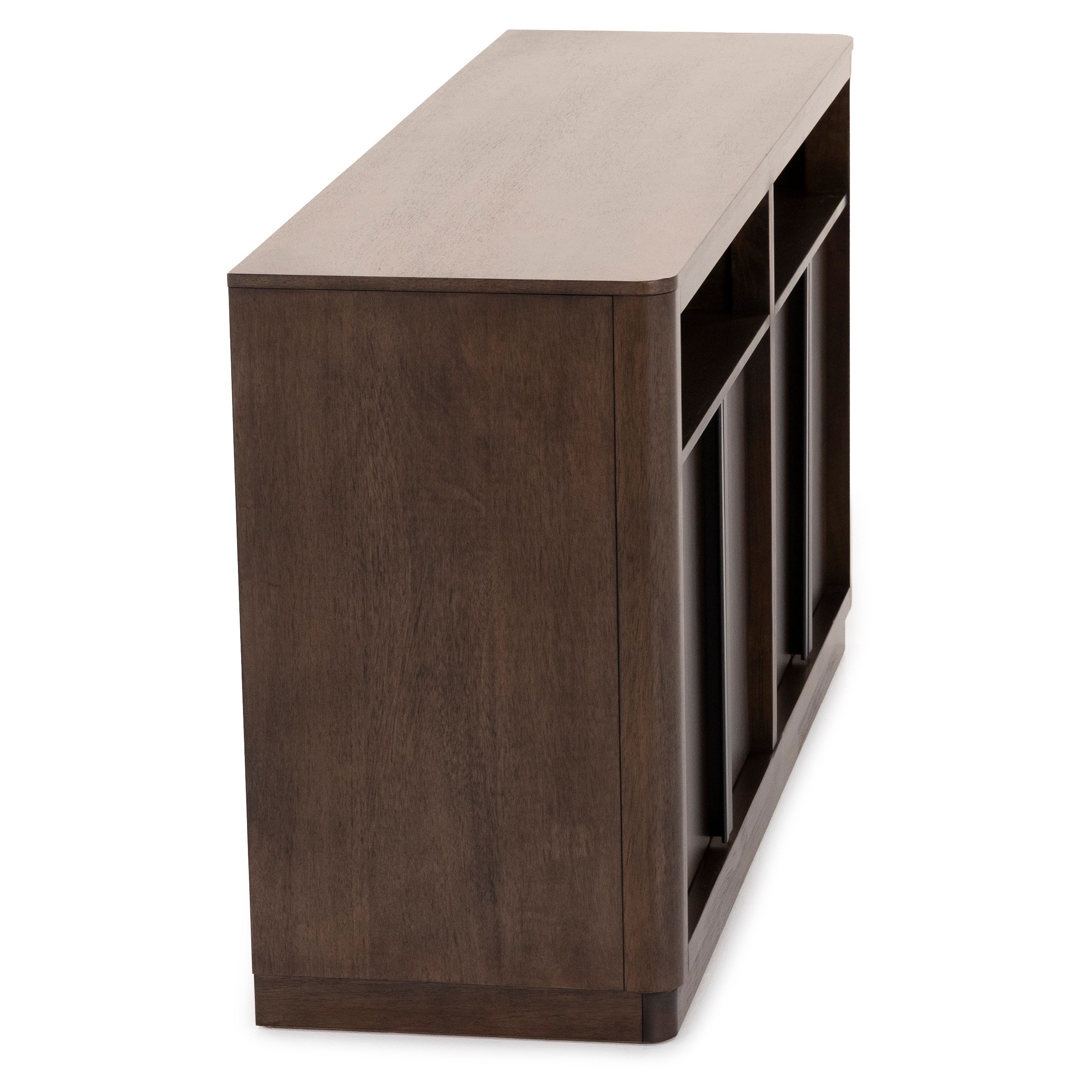 Side view of a wooden console table with open compartments.
