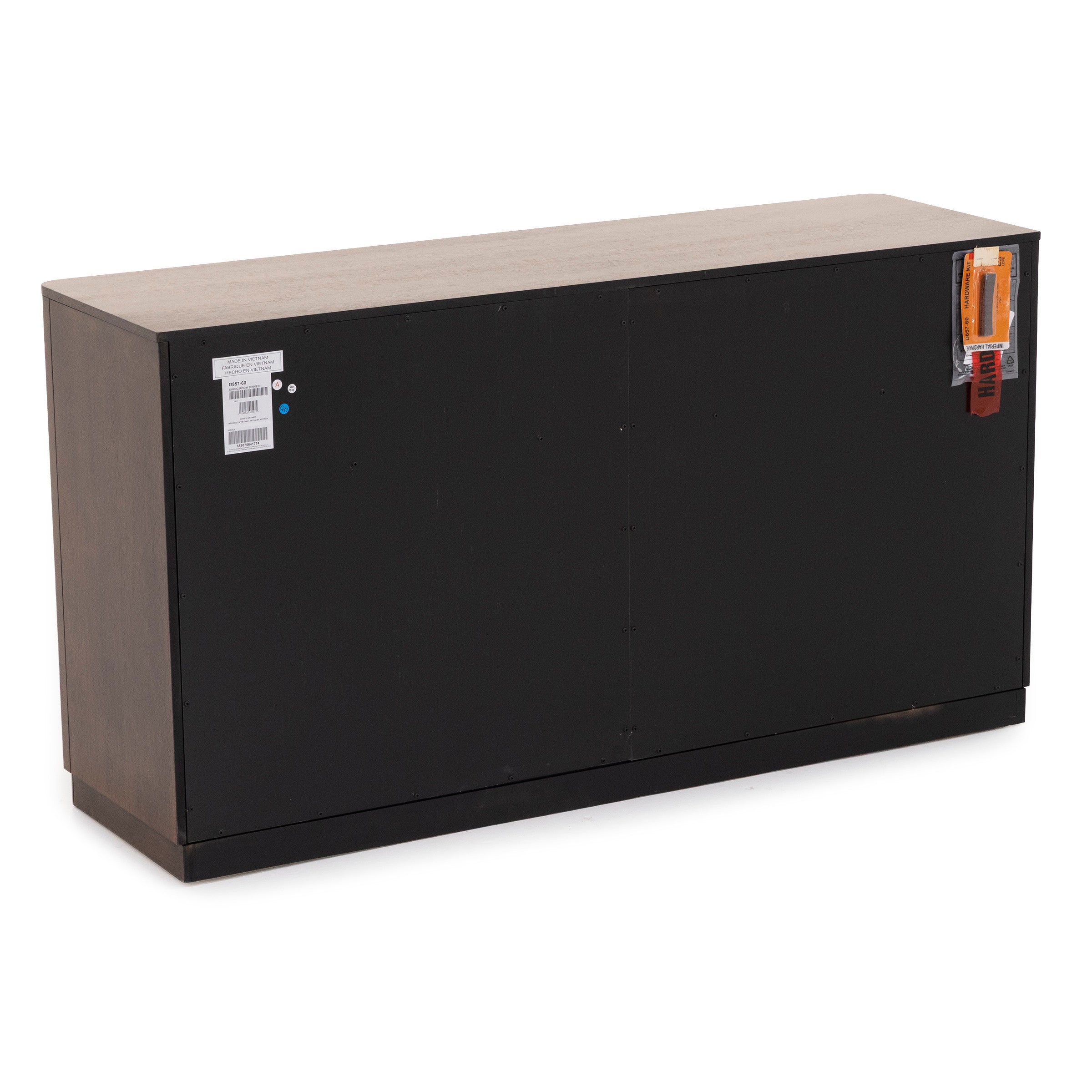 Back view of a dark wood cabinet with product tags and labels.