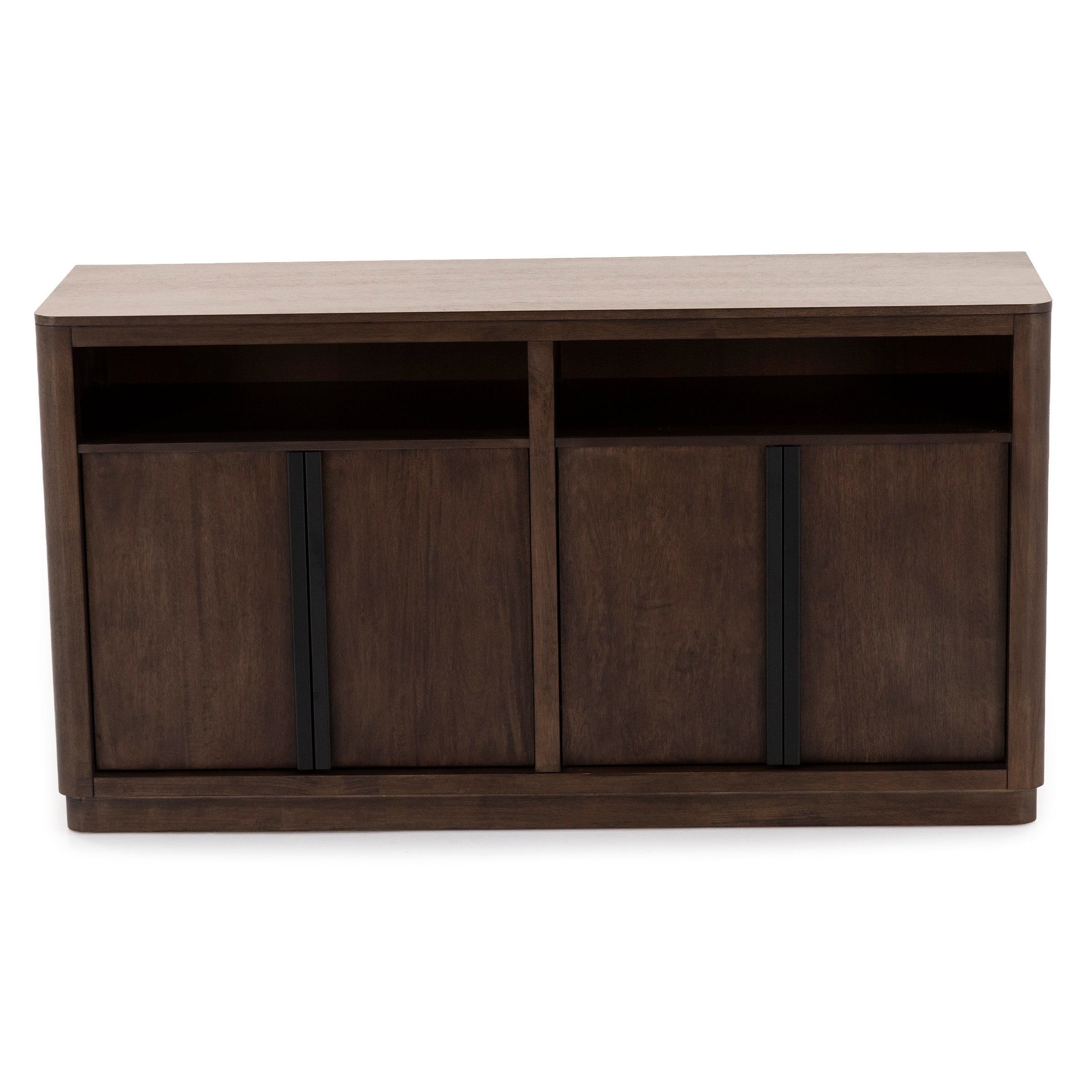 Modern dark wood sideboard with two open shelves and four doors.
