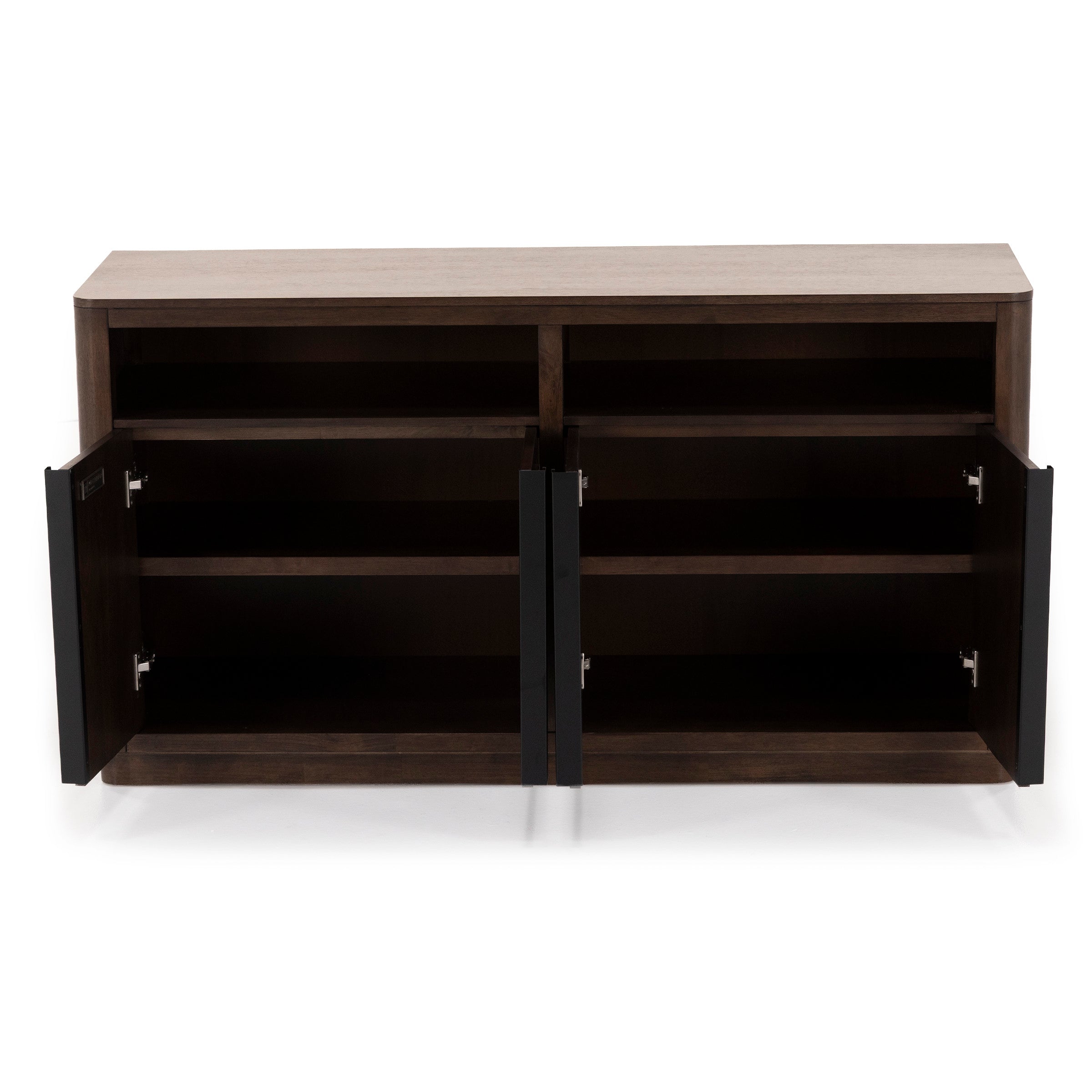 Dark wood cabinet with two open doors and interior shelving, shown from the front.