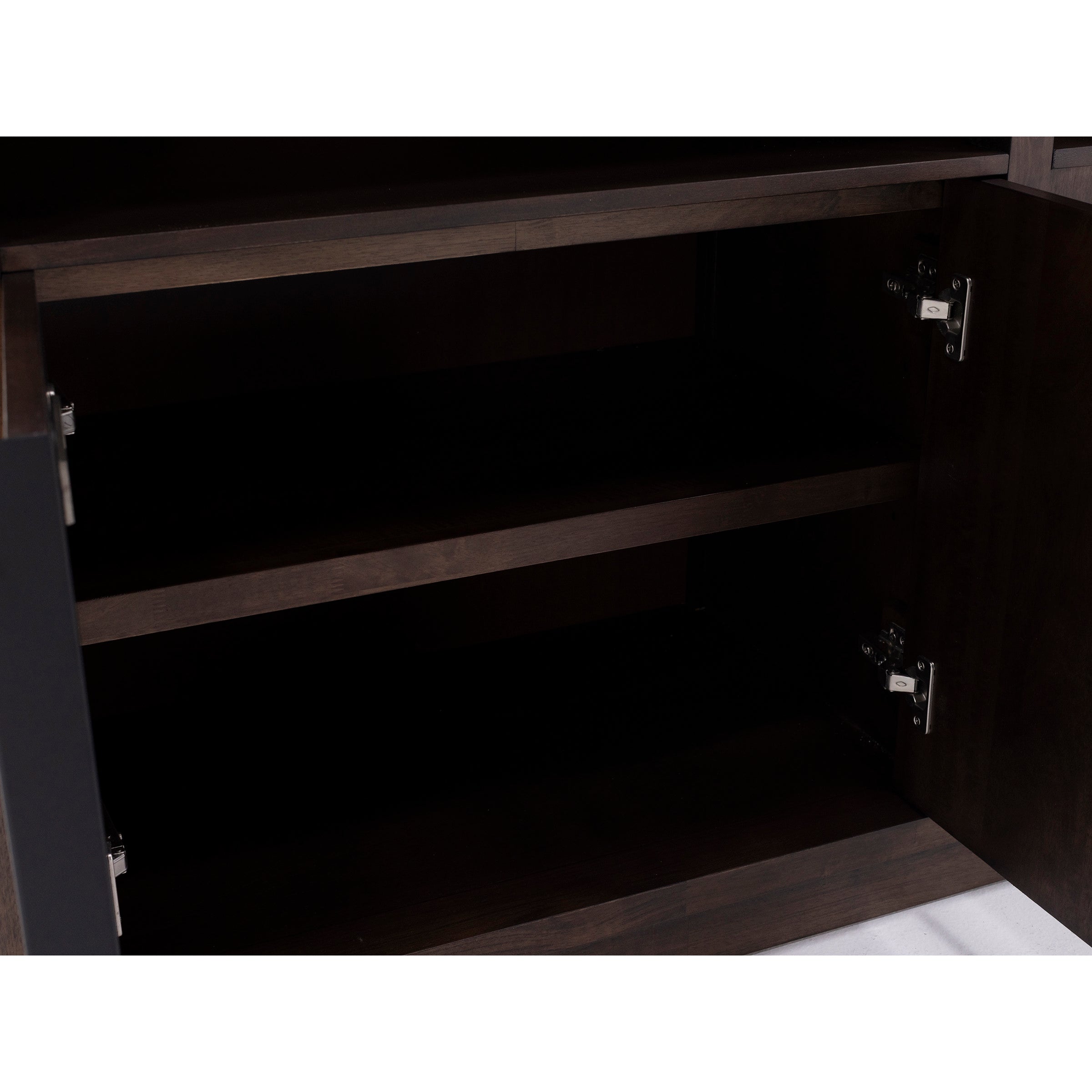 Open dark wood cabinet with two interior shelves and metal hinges visible.