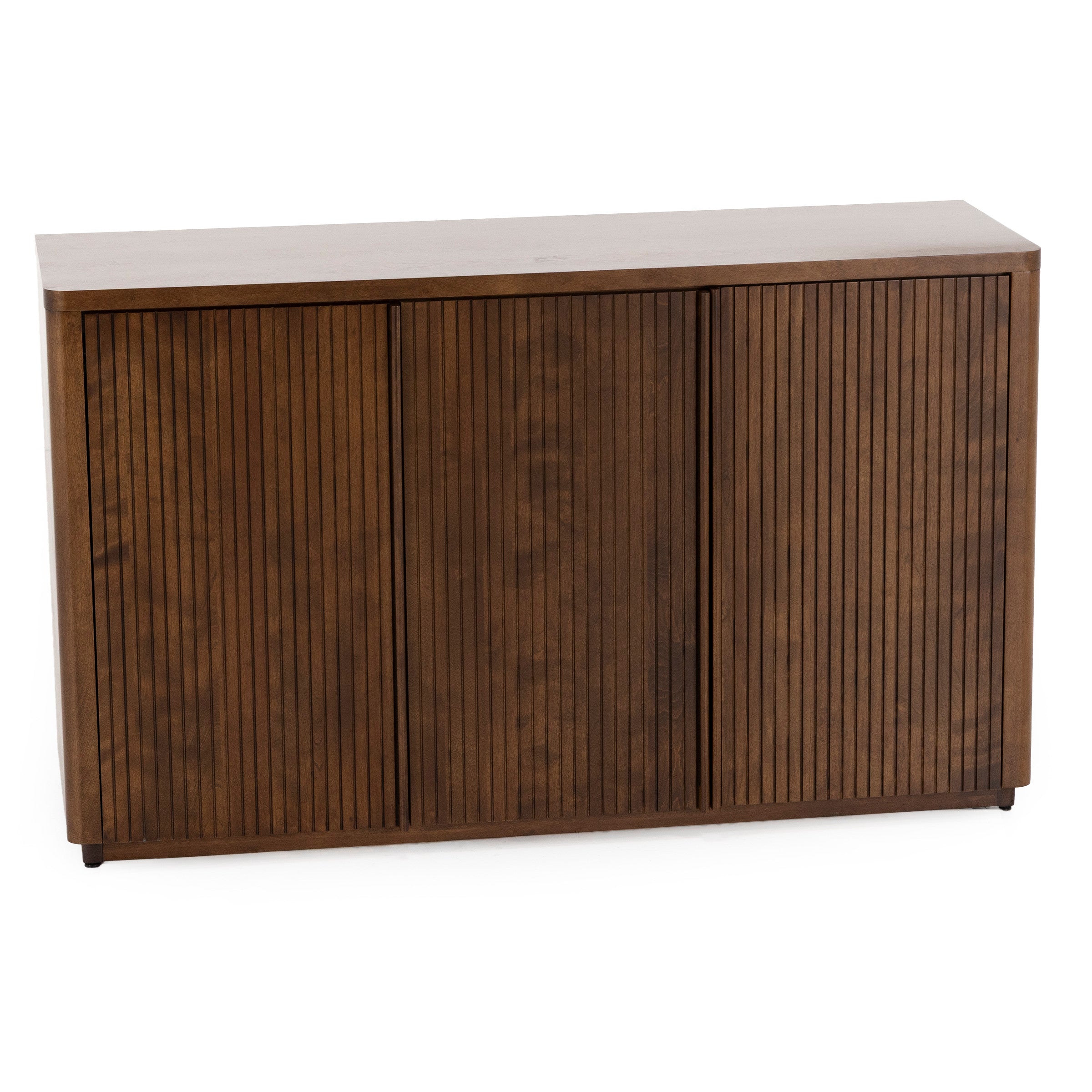 Rectangular wood sideboard with vertical slat doors and a smooth top.