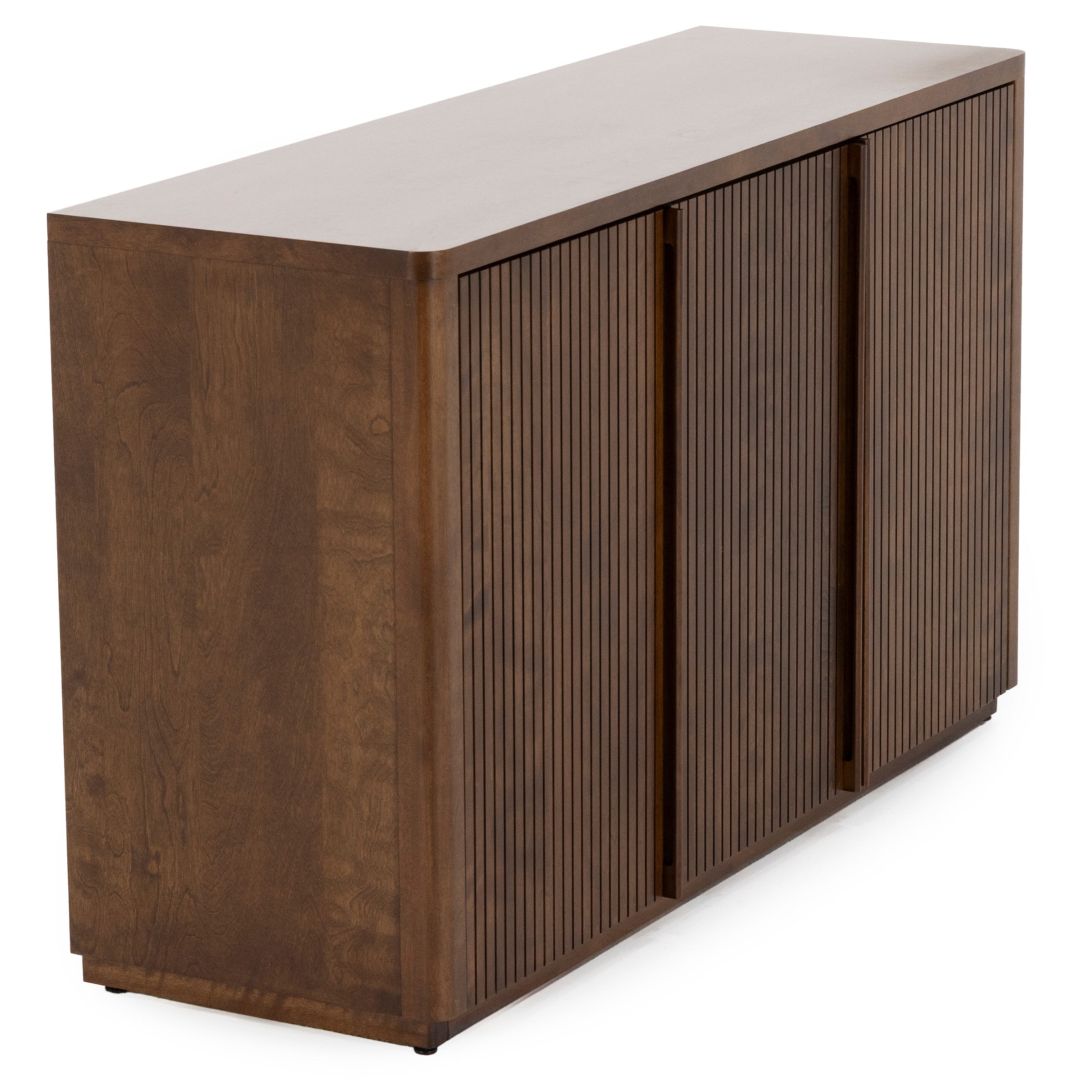 Angled view of a modern wooden cabinet with vertical slatted doors.