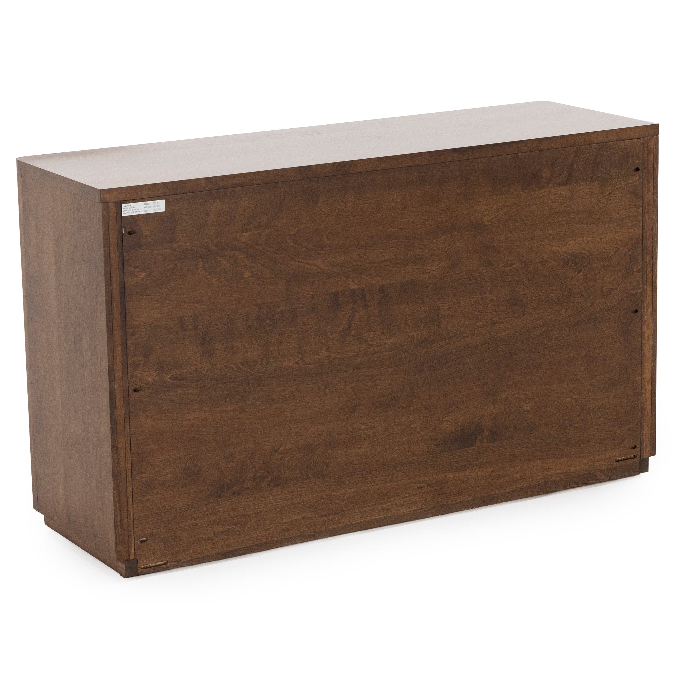 Back view of a dark wood cabinet with a flat top and smooth finish.