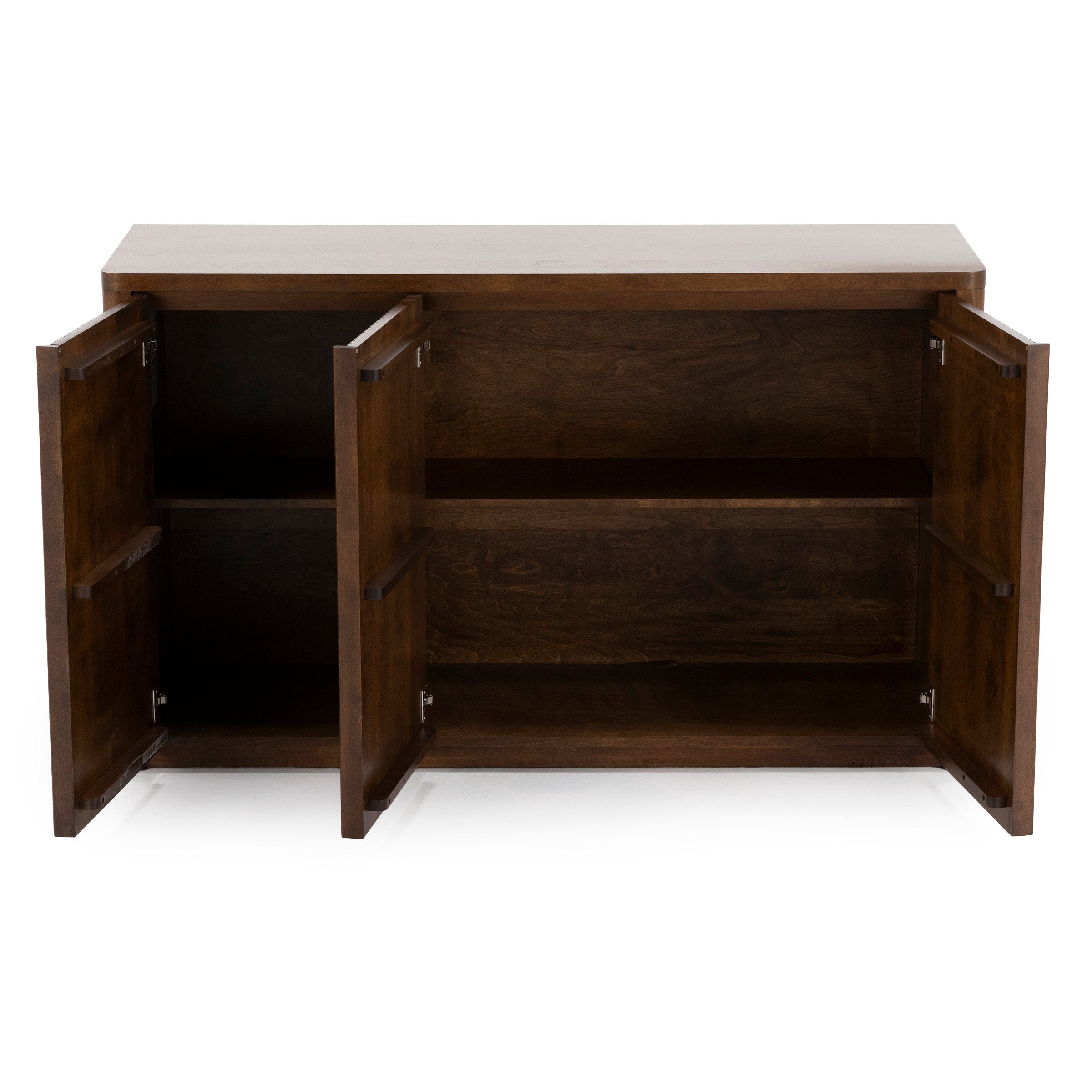 Open wood cabinet with two doors and interior shelving, shown from the front.