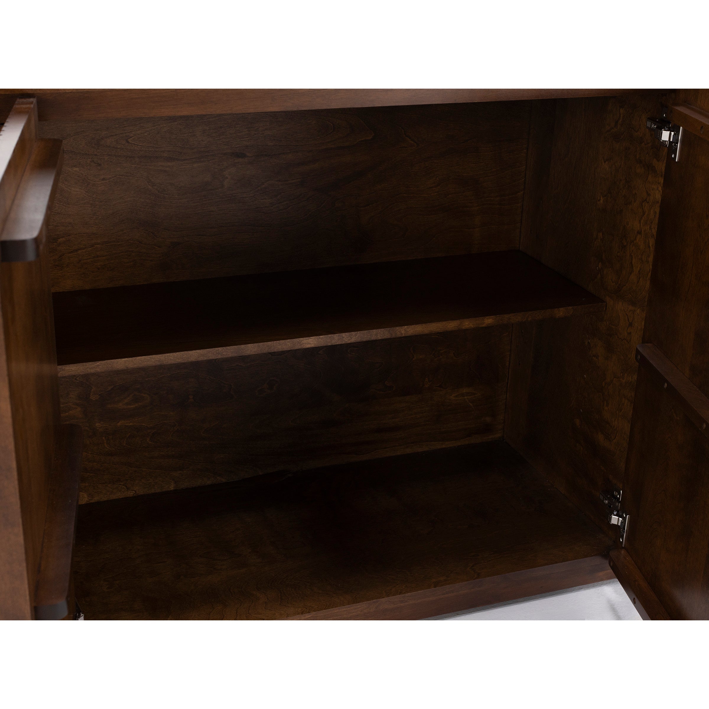 Open wooden cabinet with an interior shelf, empty and ready for storage.
