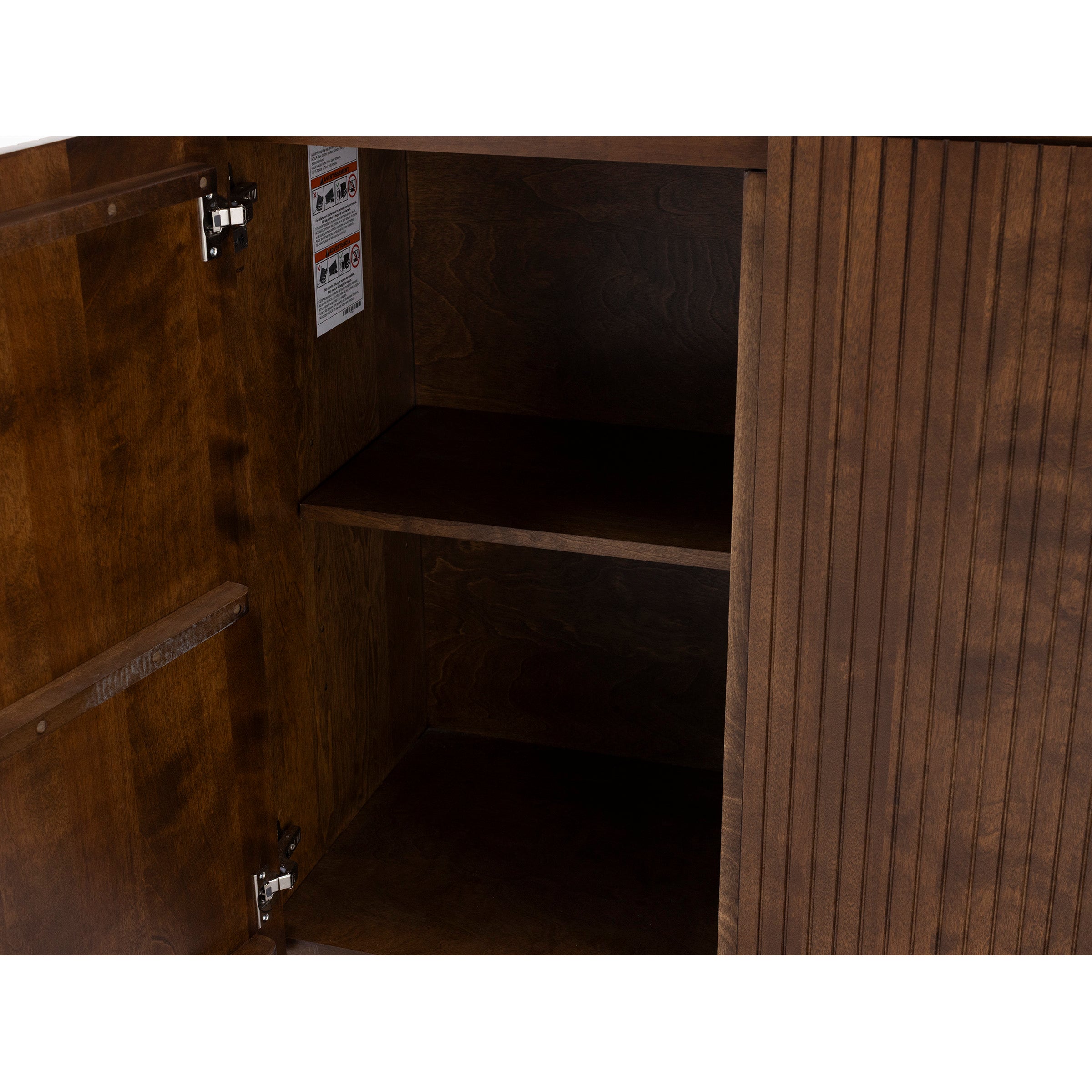 Open wooden cabinet with two shelves and safety labels on the inside panel.