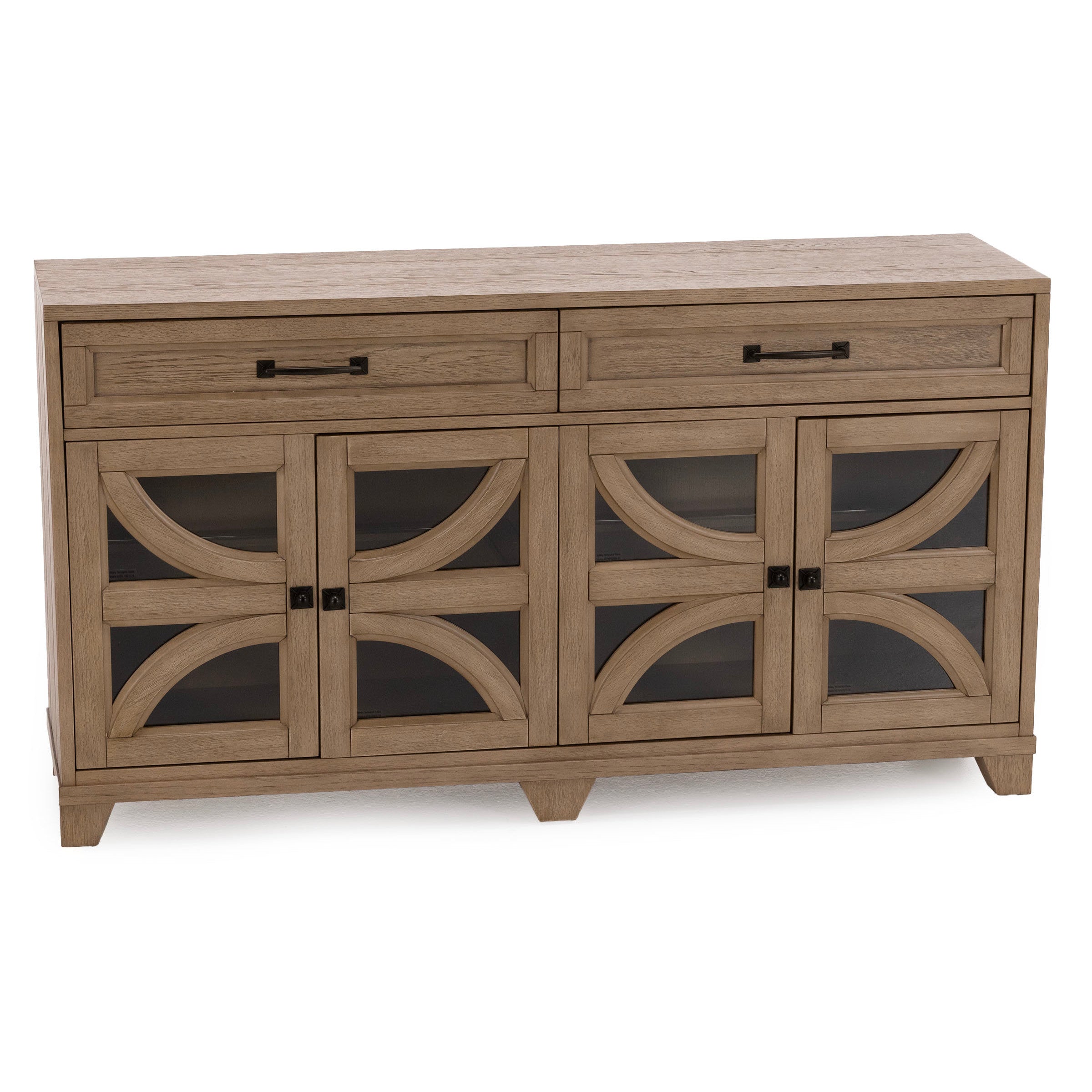 Light wood sideboard with two drawers and four glass cabinet doors.
