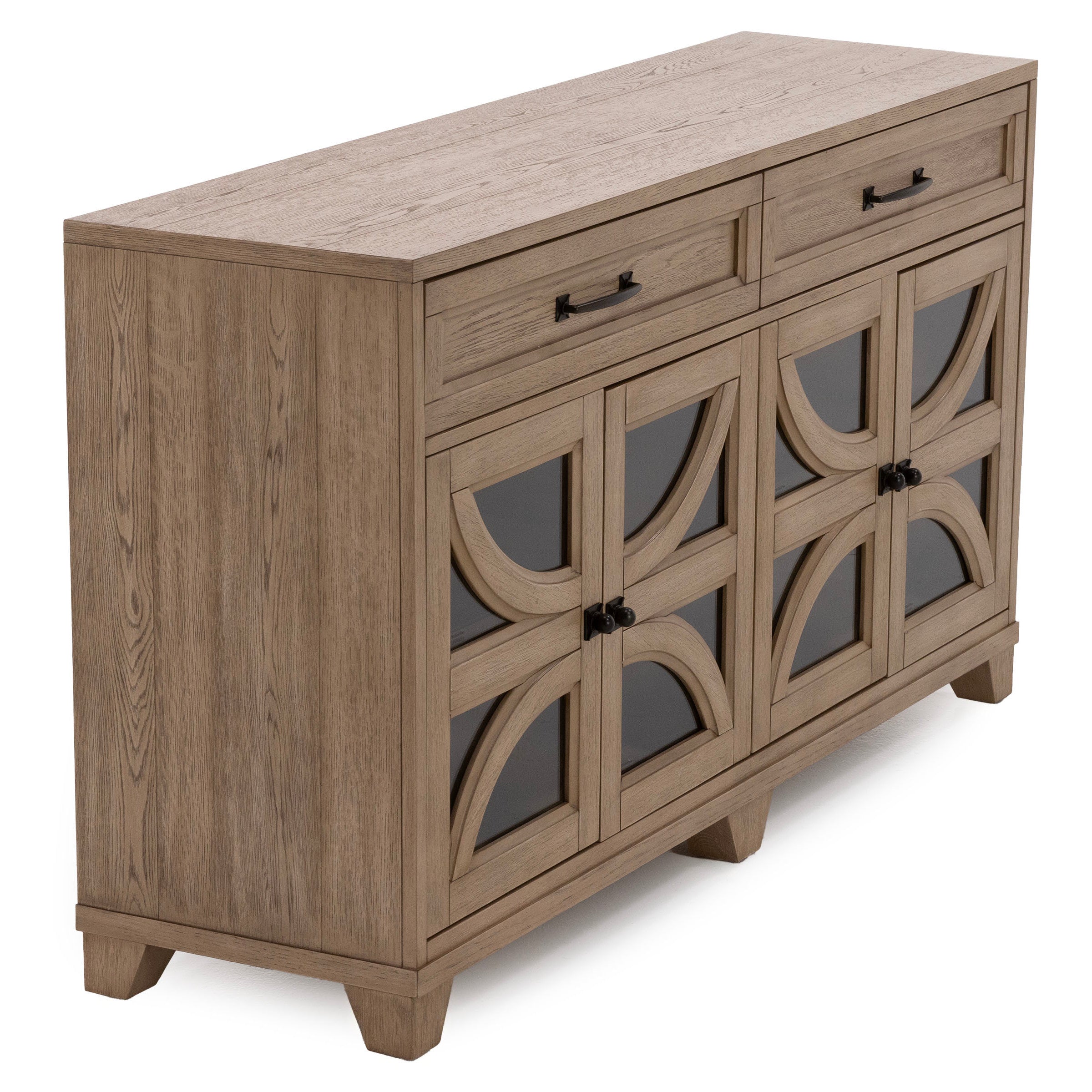 Light wood sideboard with decorative glass doors and two top drawers.