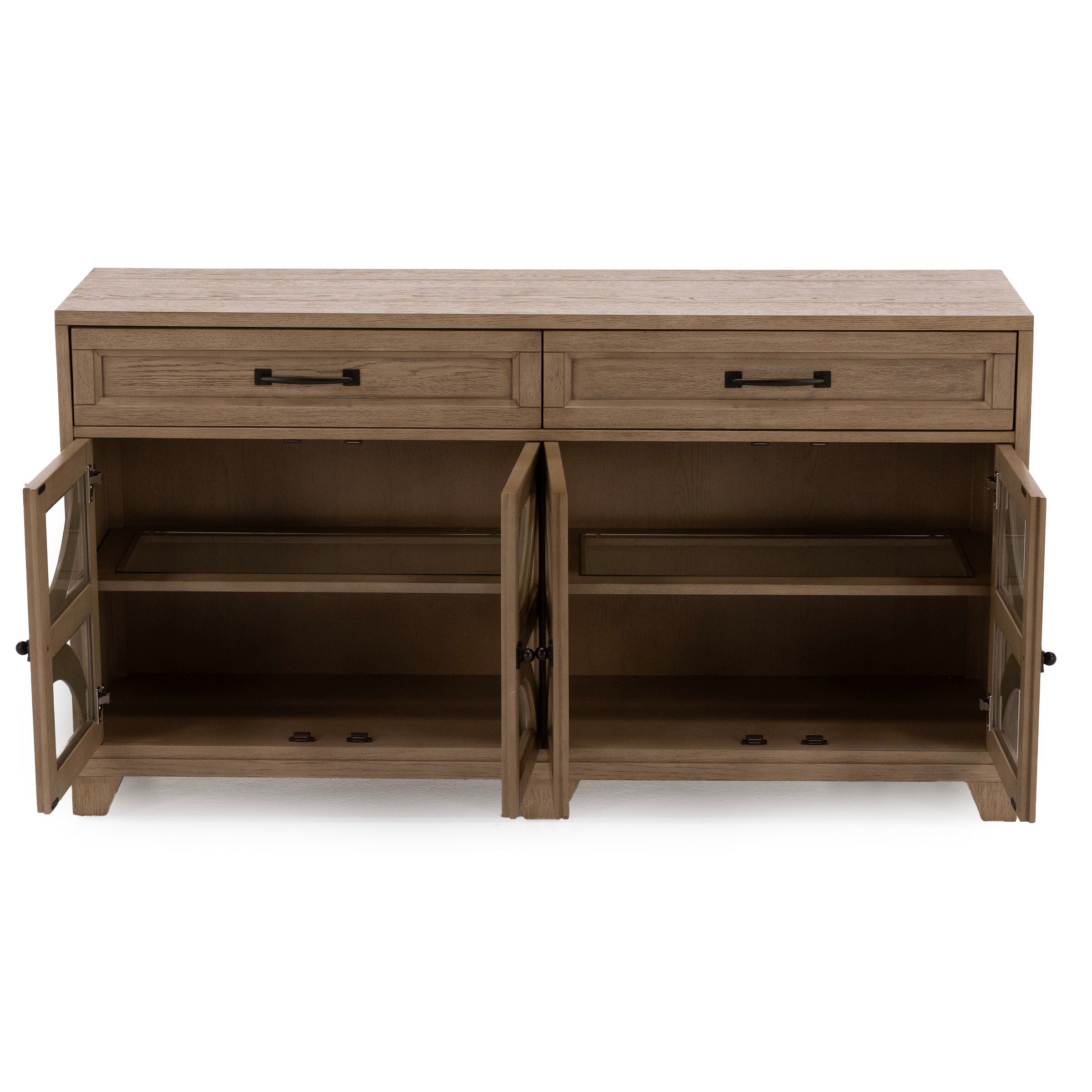 Wood sideboard with two drawers and lower cabinets open to show shelves.