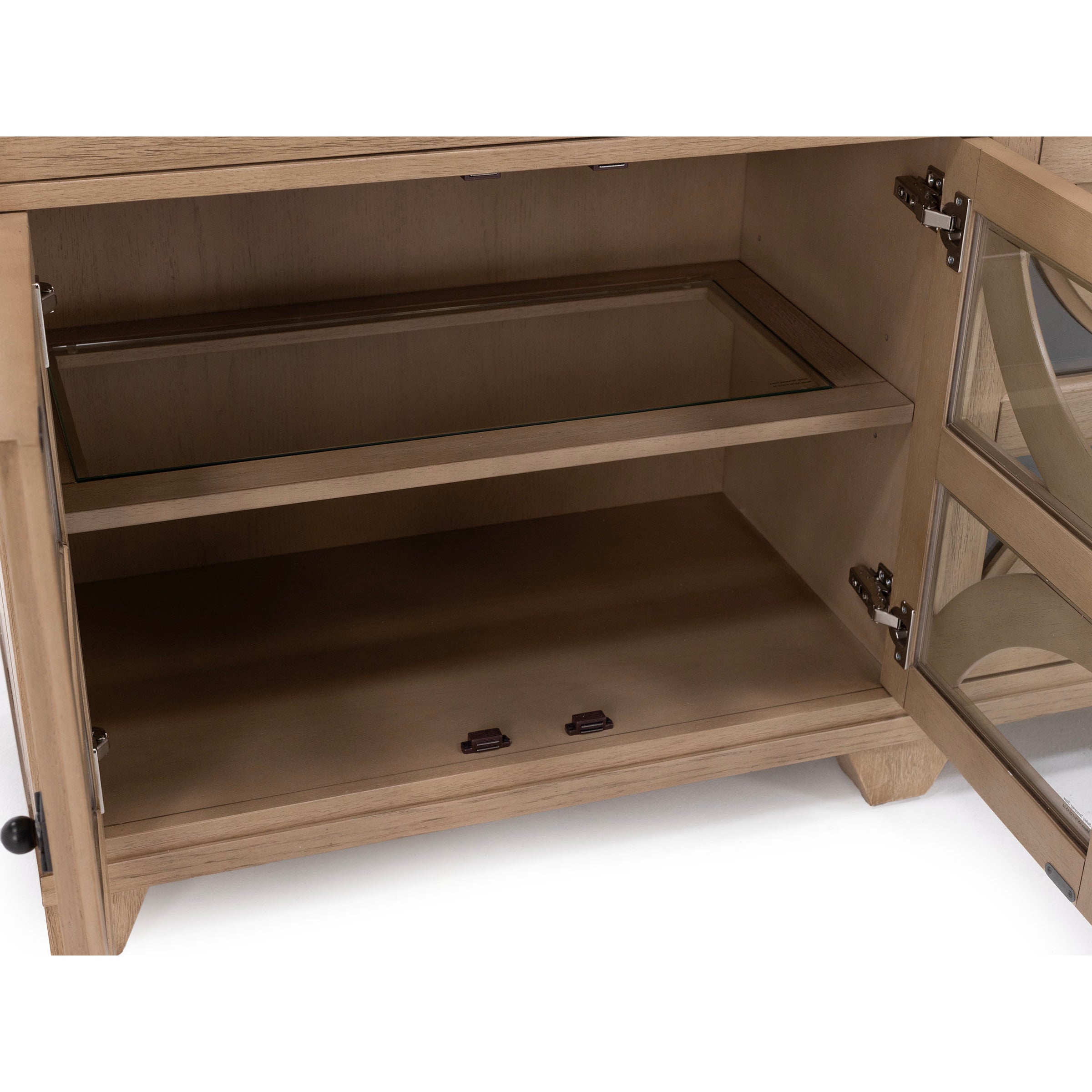 Open cabinet with glass shelf and wood interior.
