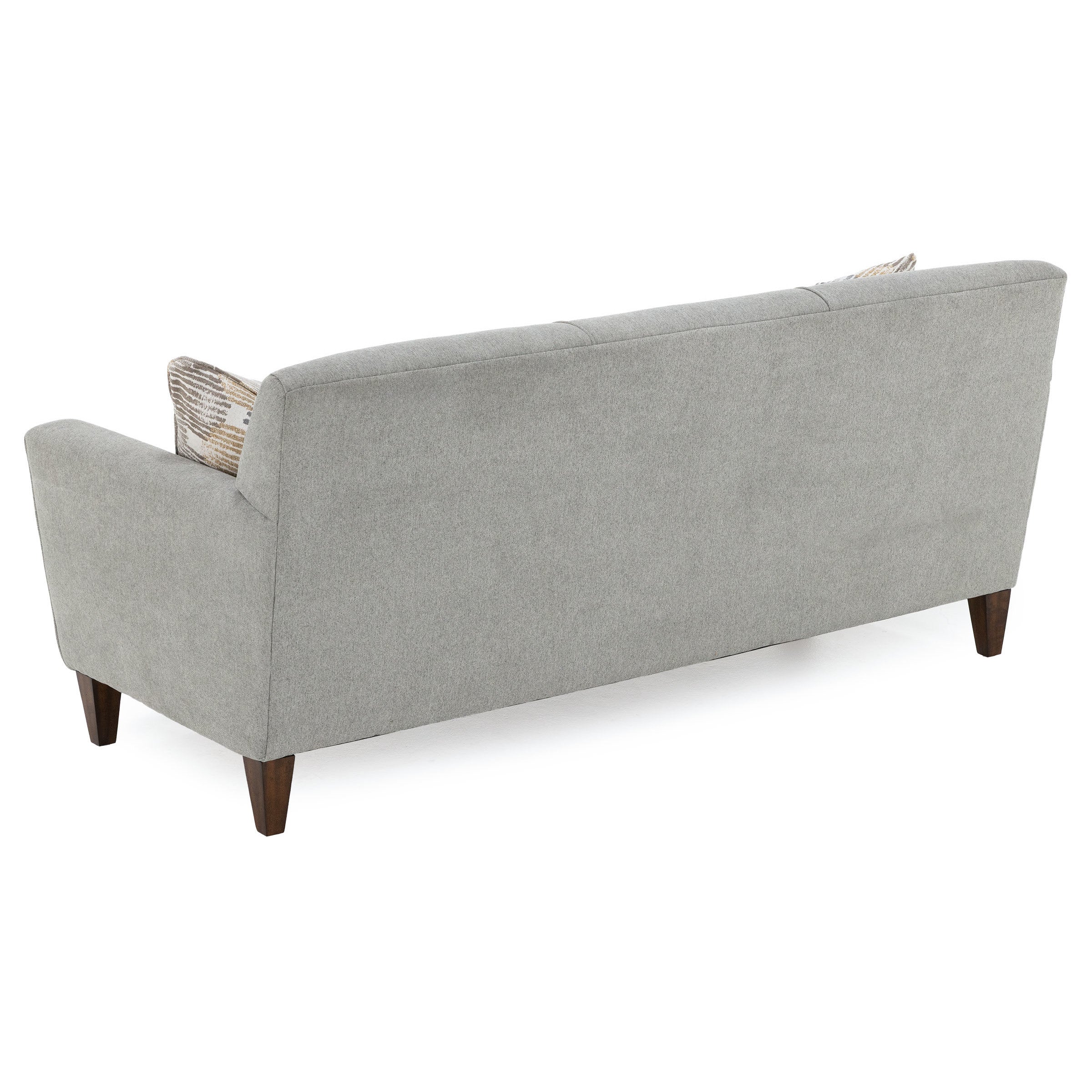 Back view of a modern light gray sofa with wooden legs.
