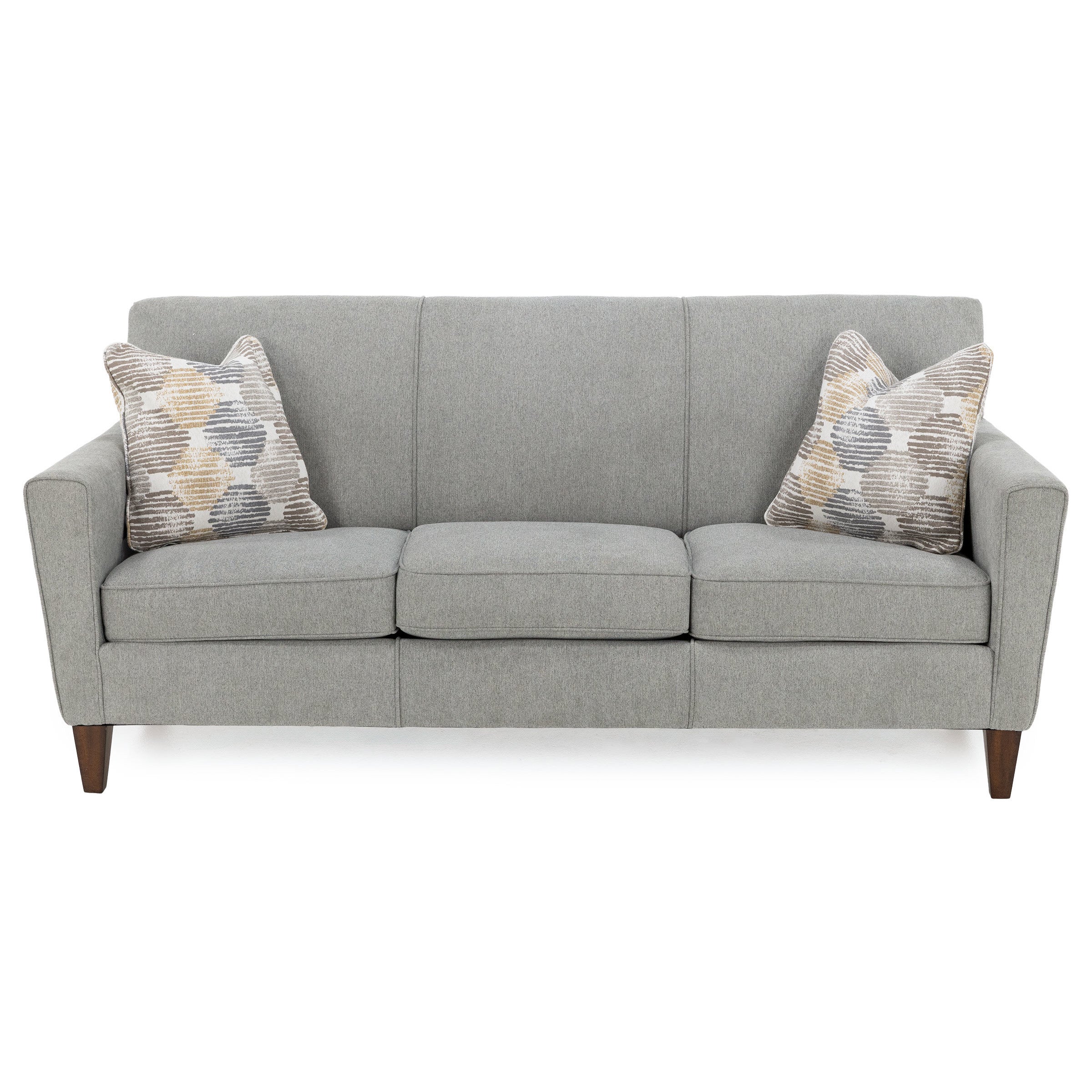 Modern gray sofa with three cushions and two patterned accent pillows.