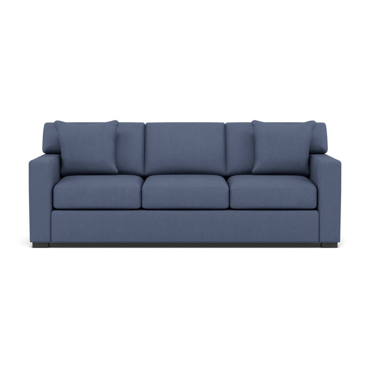 Blue three-seat sofa with two matching pillows, shown from the front.