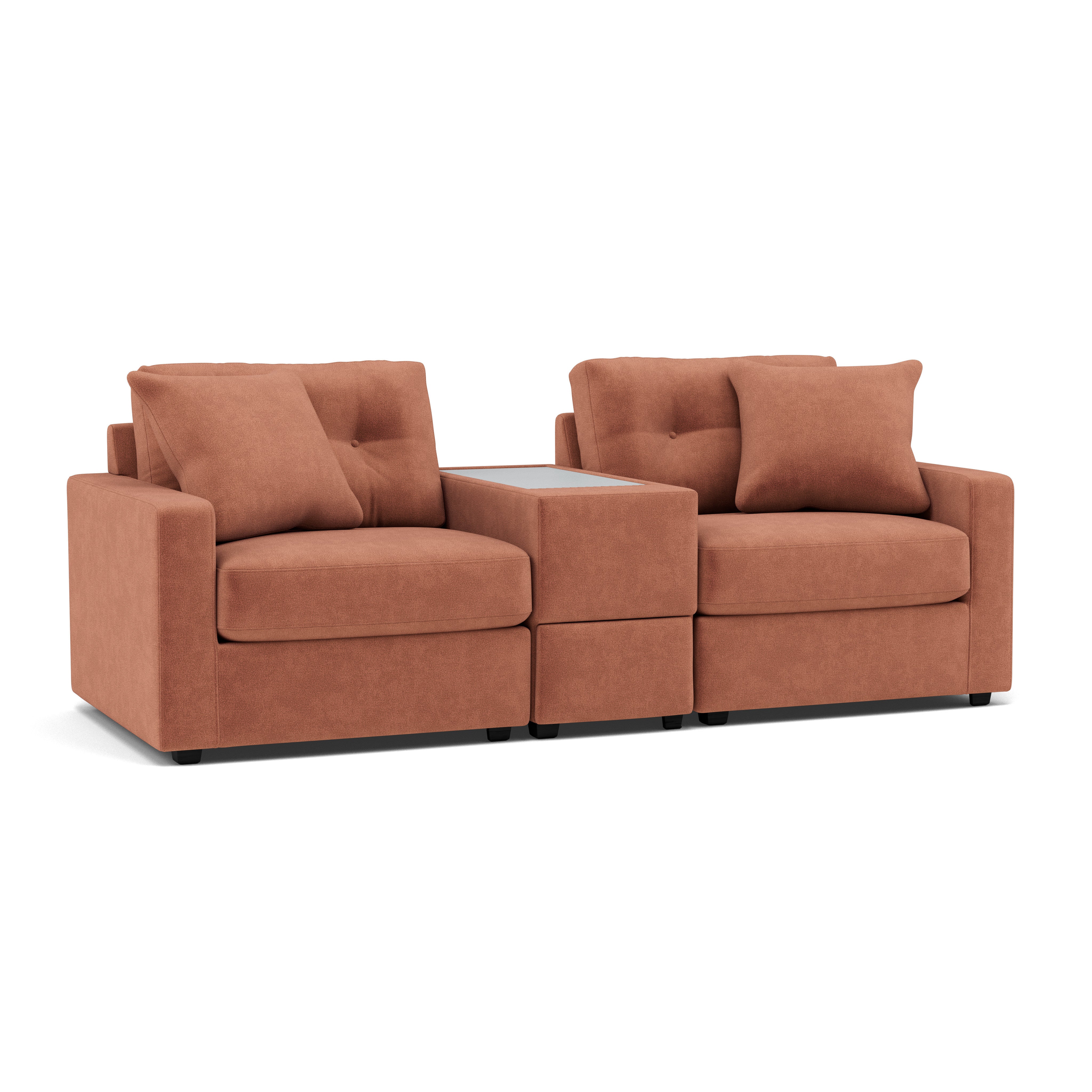 Two-seat modular sofa in rust color with built-in center table.