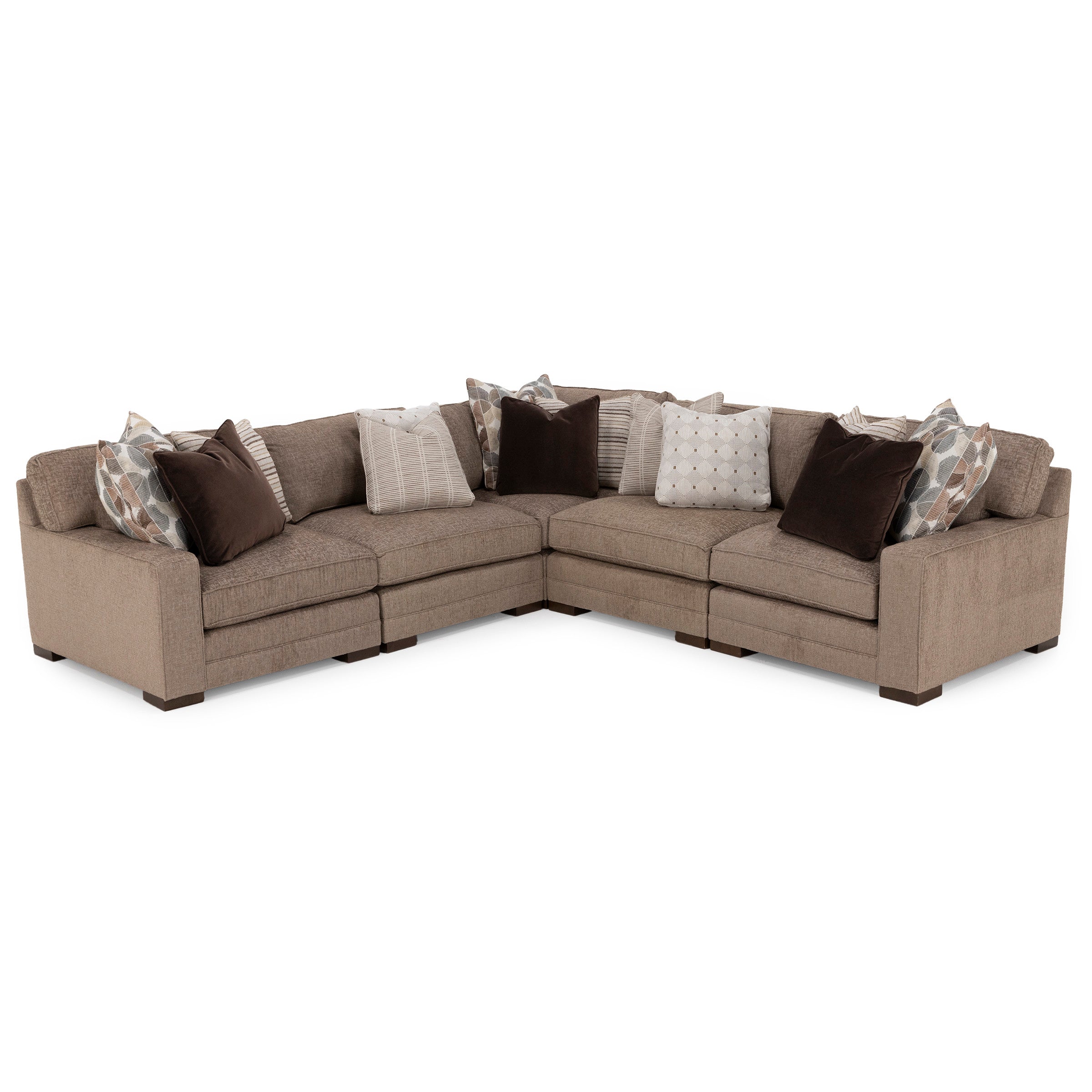 Brown L-shaped sectional sofa with assorted throw pillows.