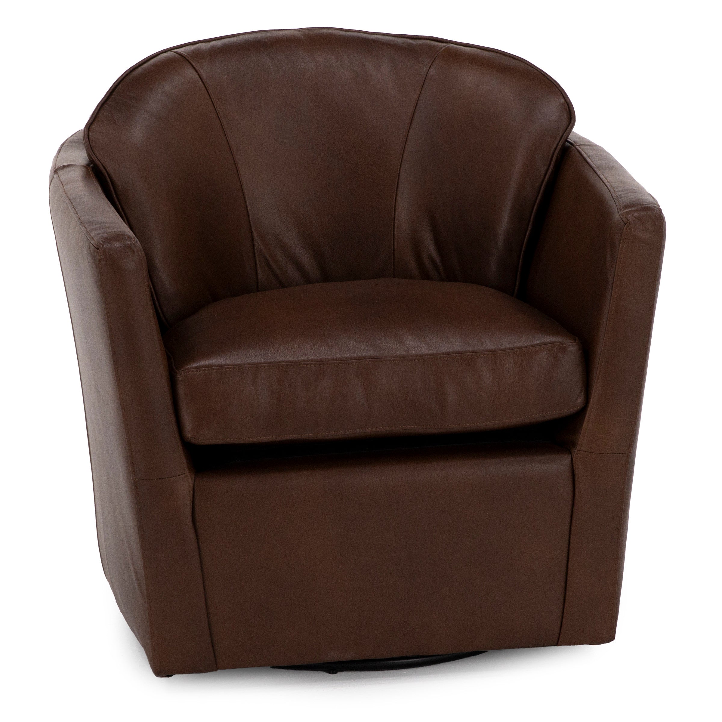 Brown leather swivel accent chair with a rounded back and cushioned seat.
