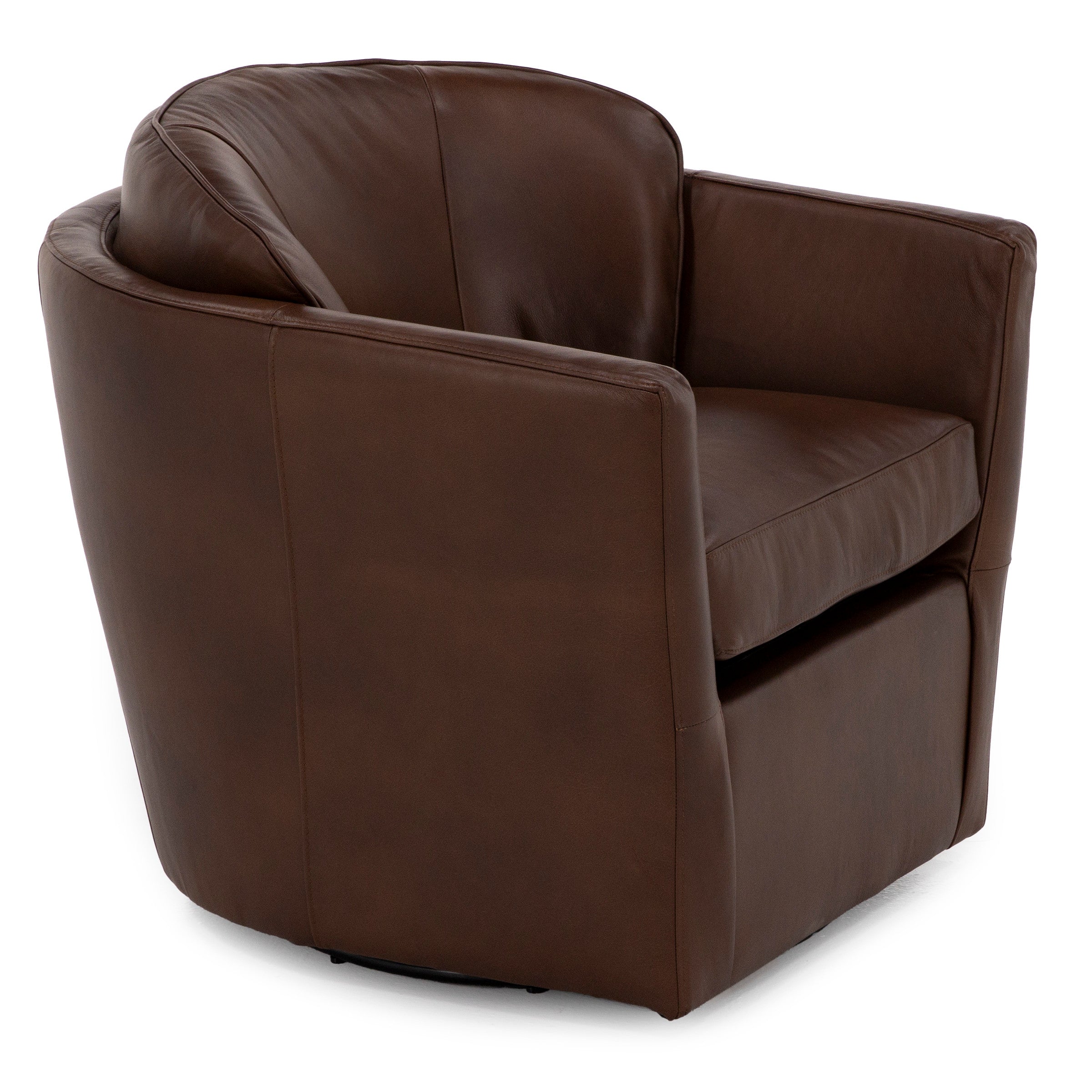 Brown leather swivel chair with cushioned seat and back.