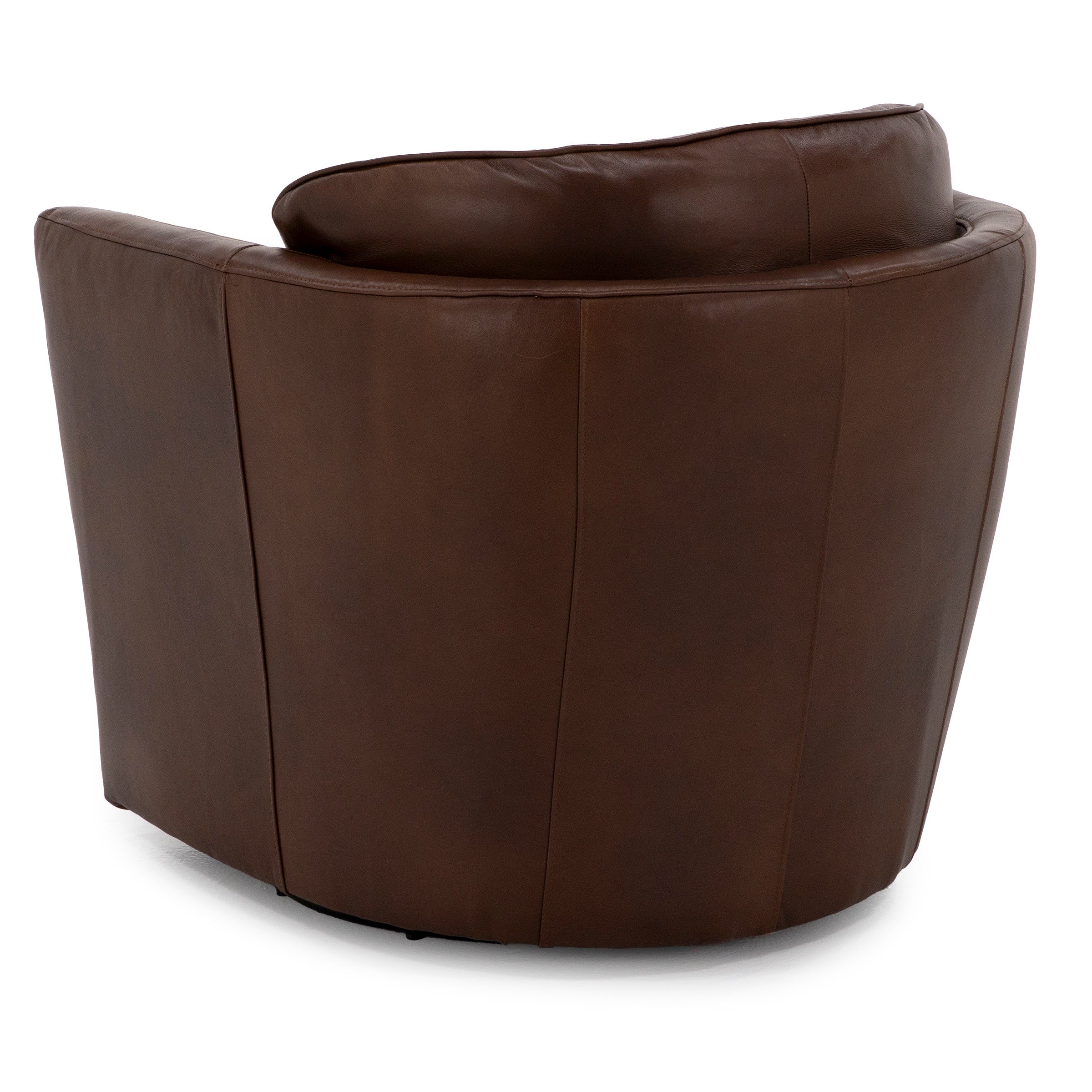 Back view of a round brown leather chair.