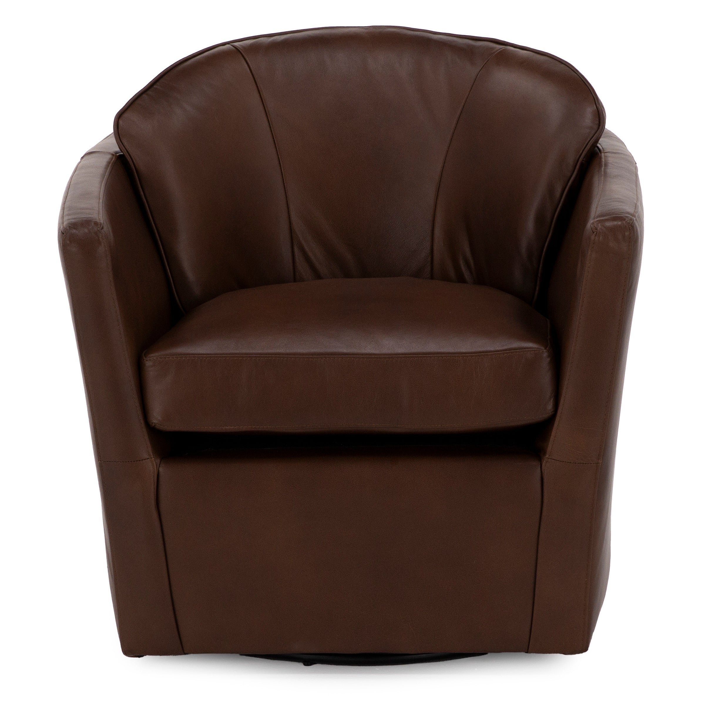 Dark brown leather swivel chair with curved back and padded seat.