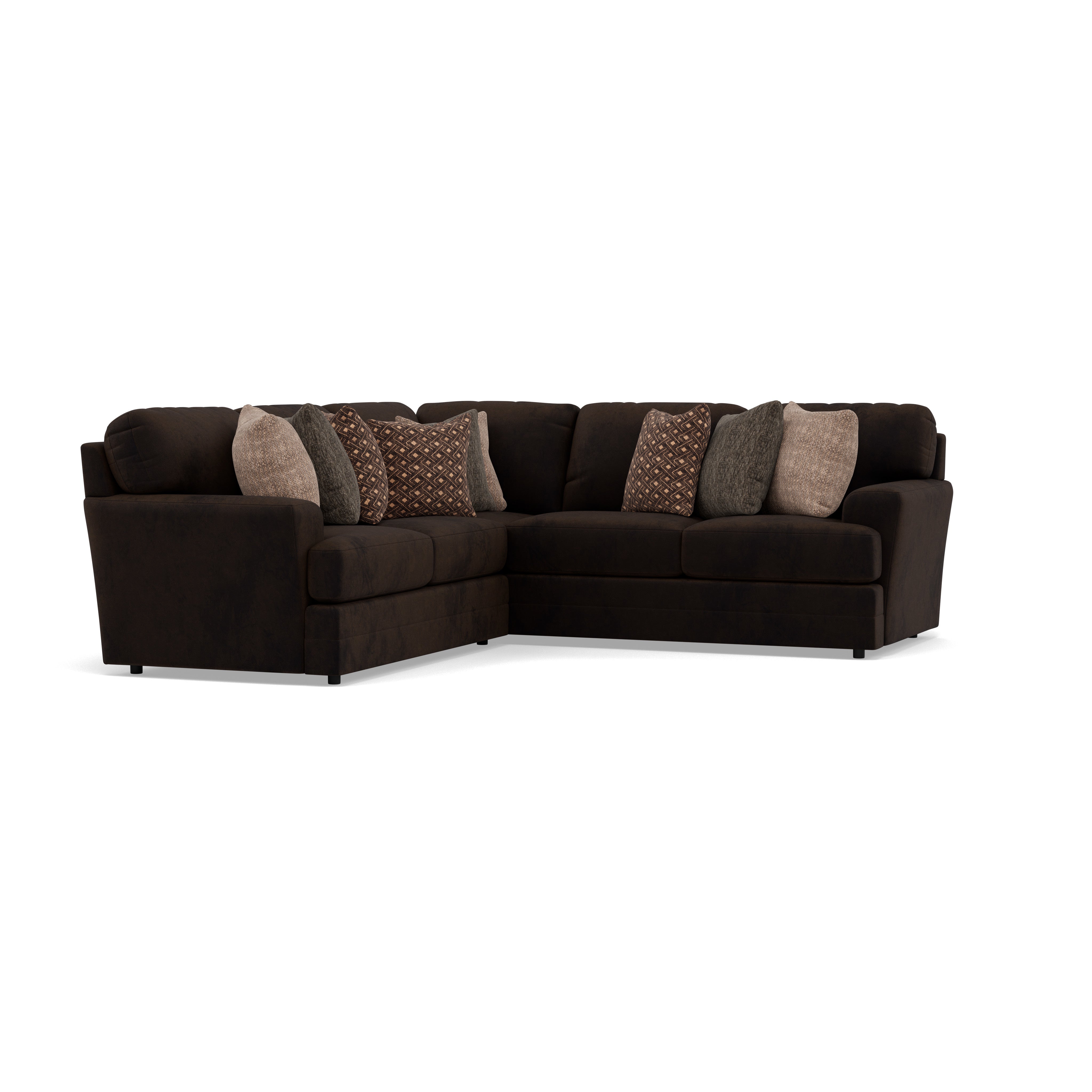 Dark brown L-shaped sectional sofa with assorted patterned and solid pillows.