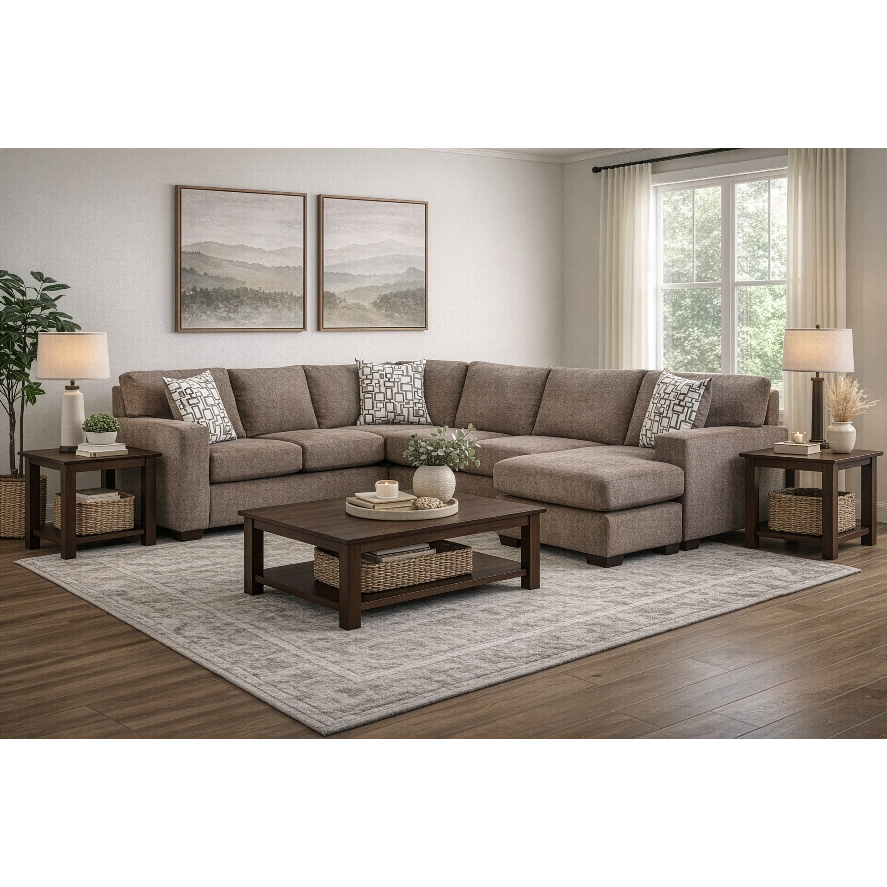 Brown sectional sofa with matching tables in a modern living room.