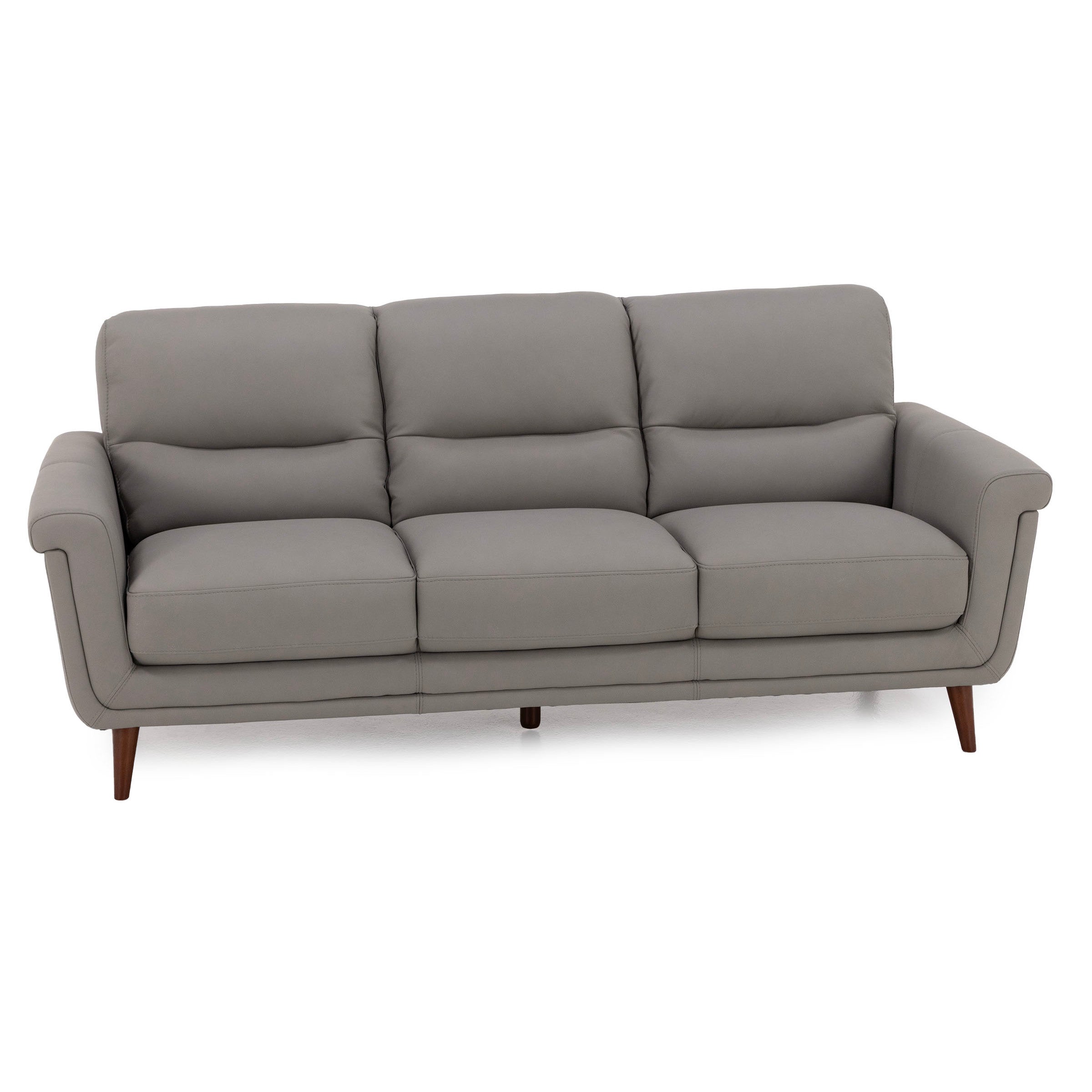 Gray three-seat sofa with angled legs, suitable for modern living rooms.