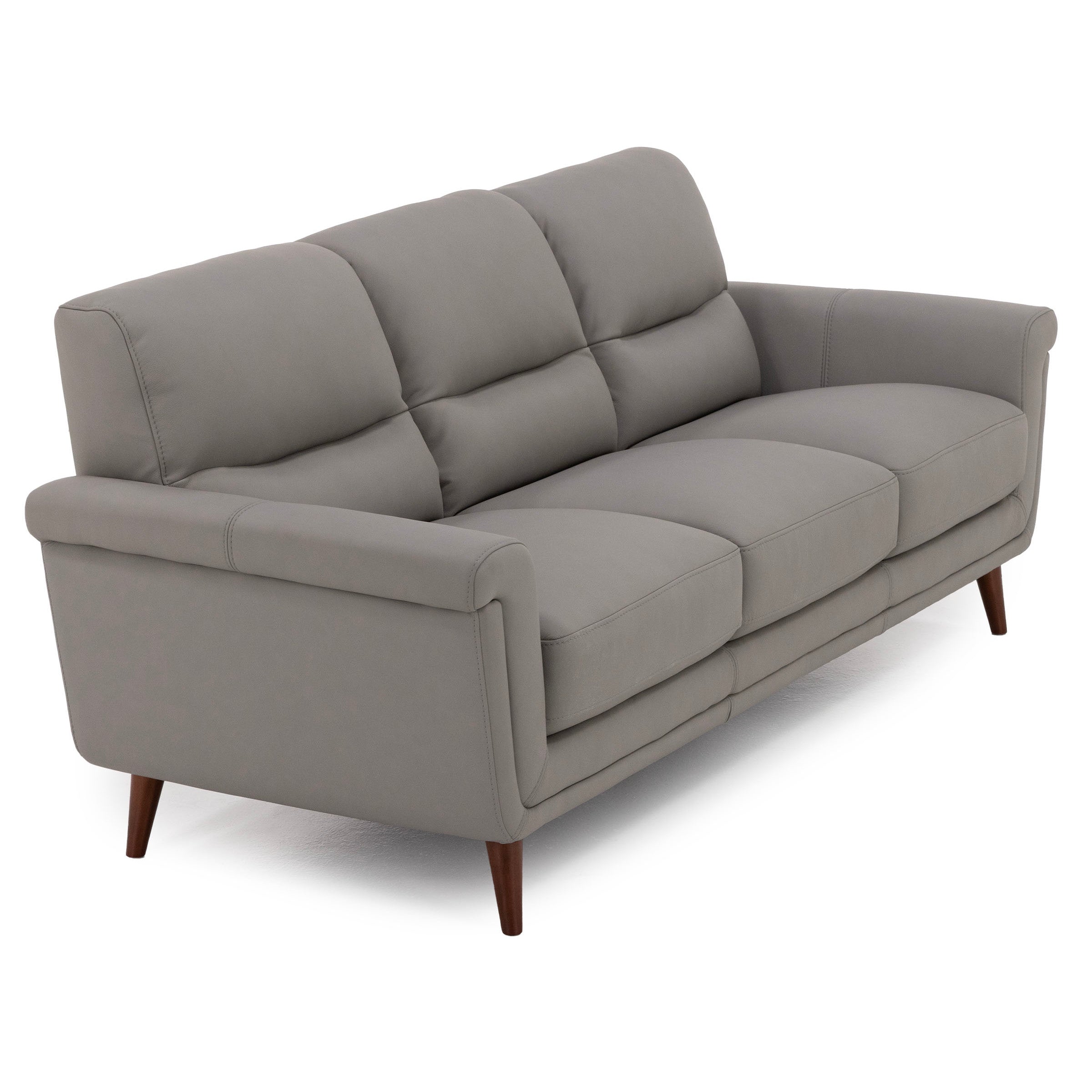 Gray three-seat sofa with cushioned back and angled wooden legs.