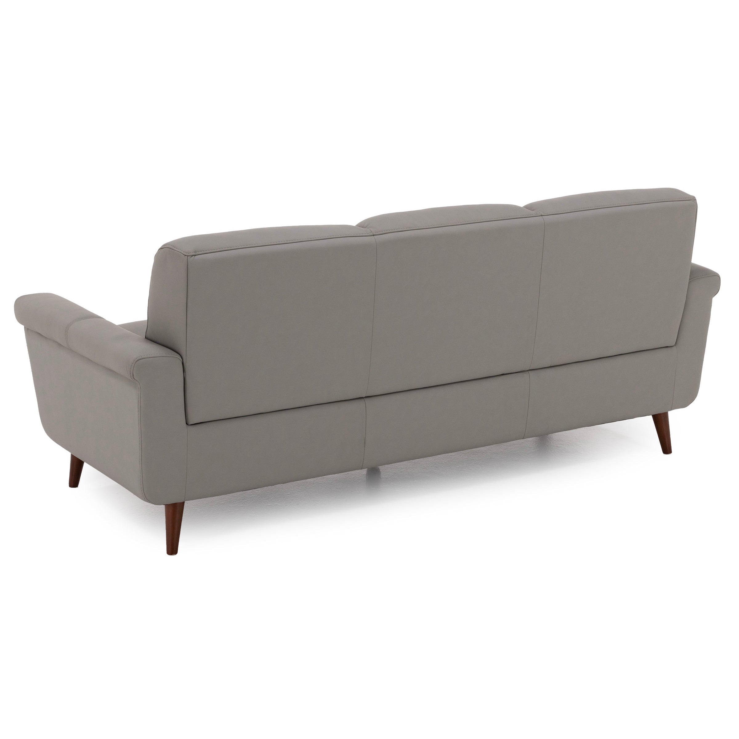 Back view of a modern gray sofa with wood legs.