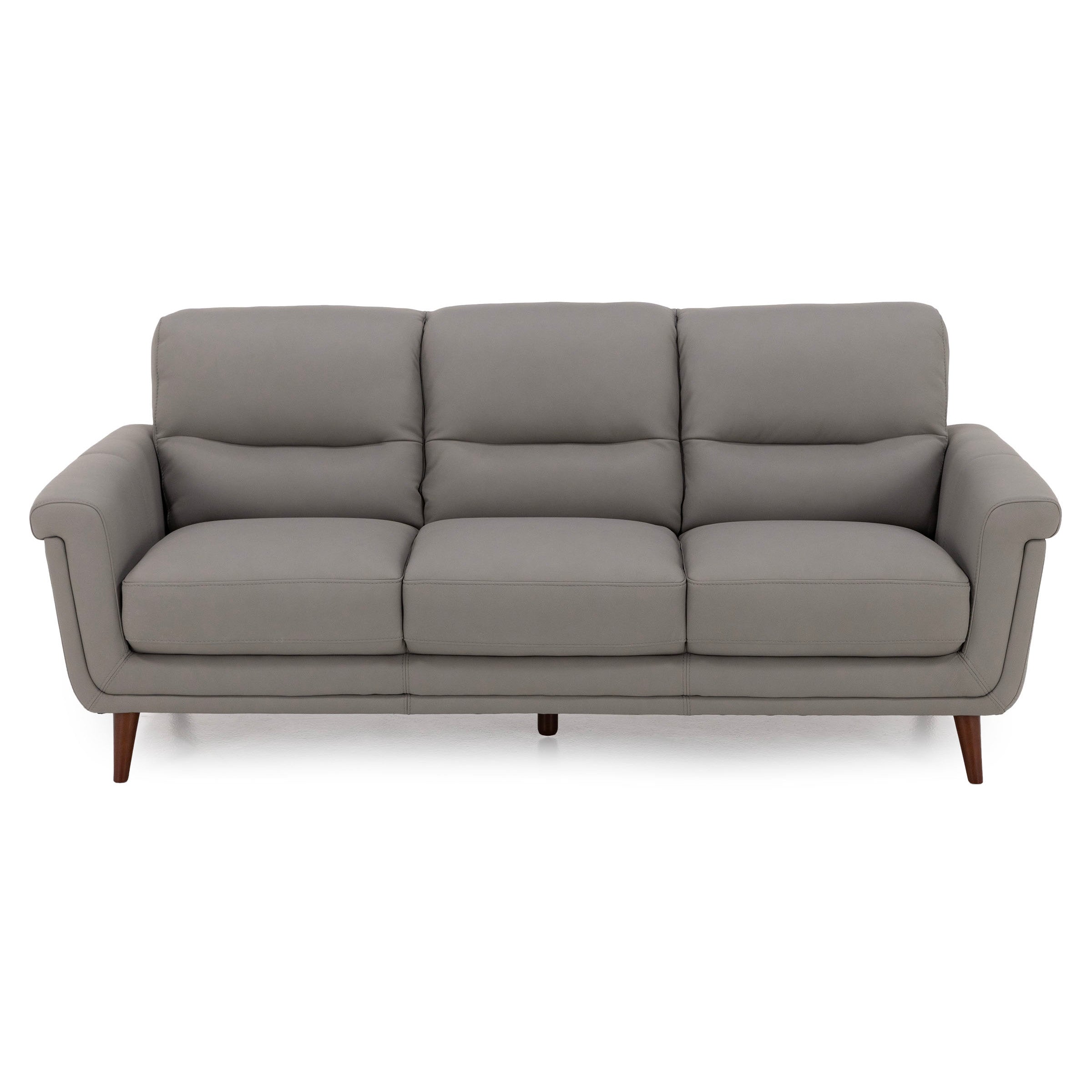 Modern gray three-seat sofa with wooden legs, front view.