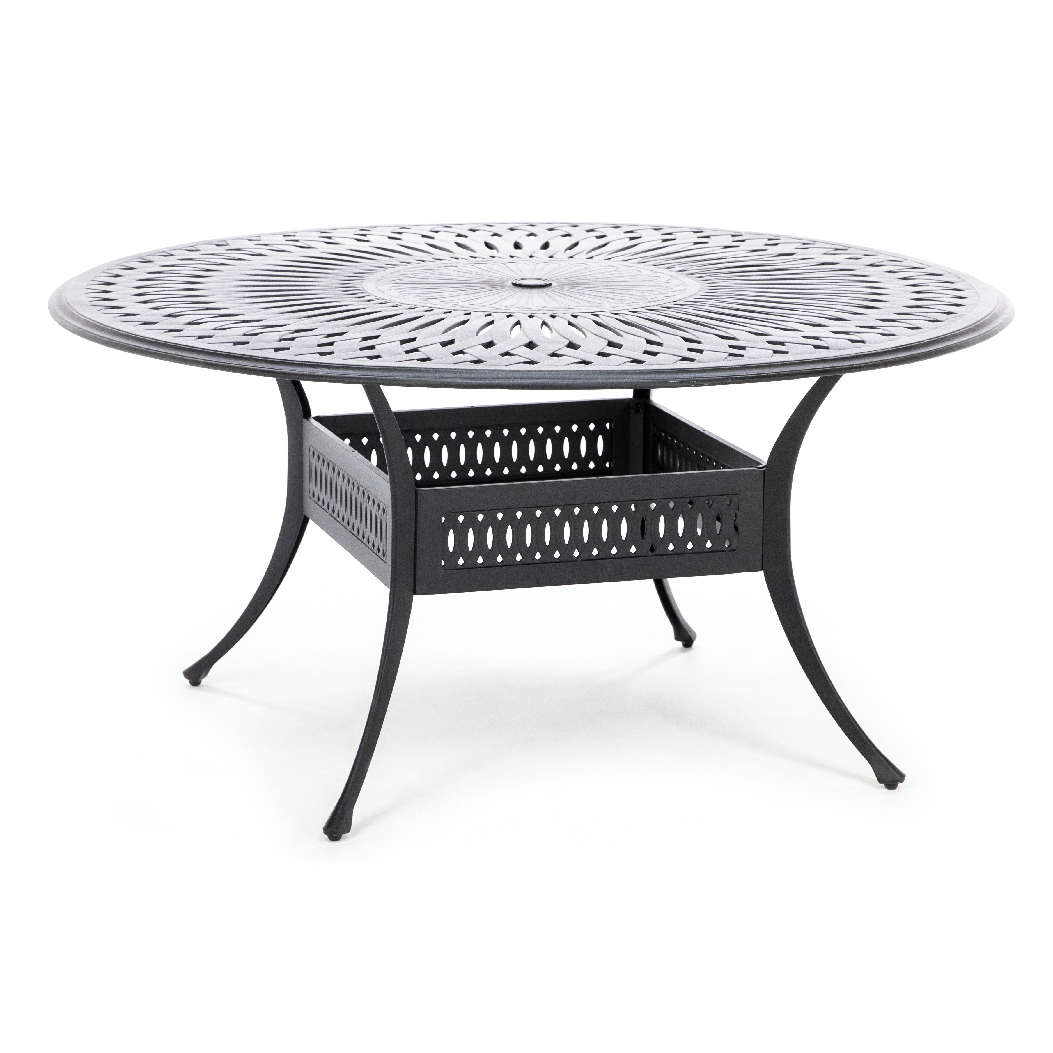 Black metal outdoor dining table with decorative lattice top and curved legs.